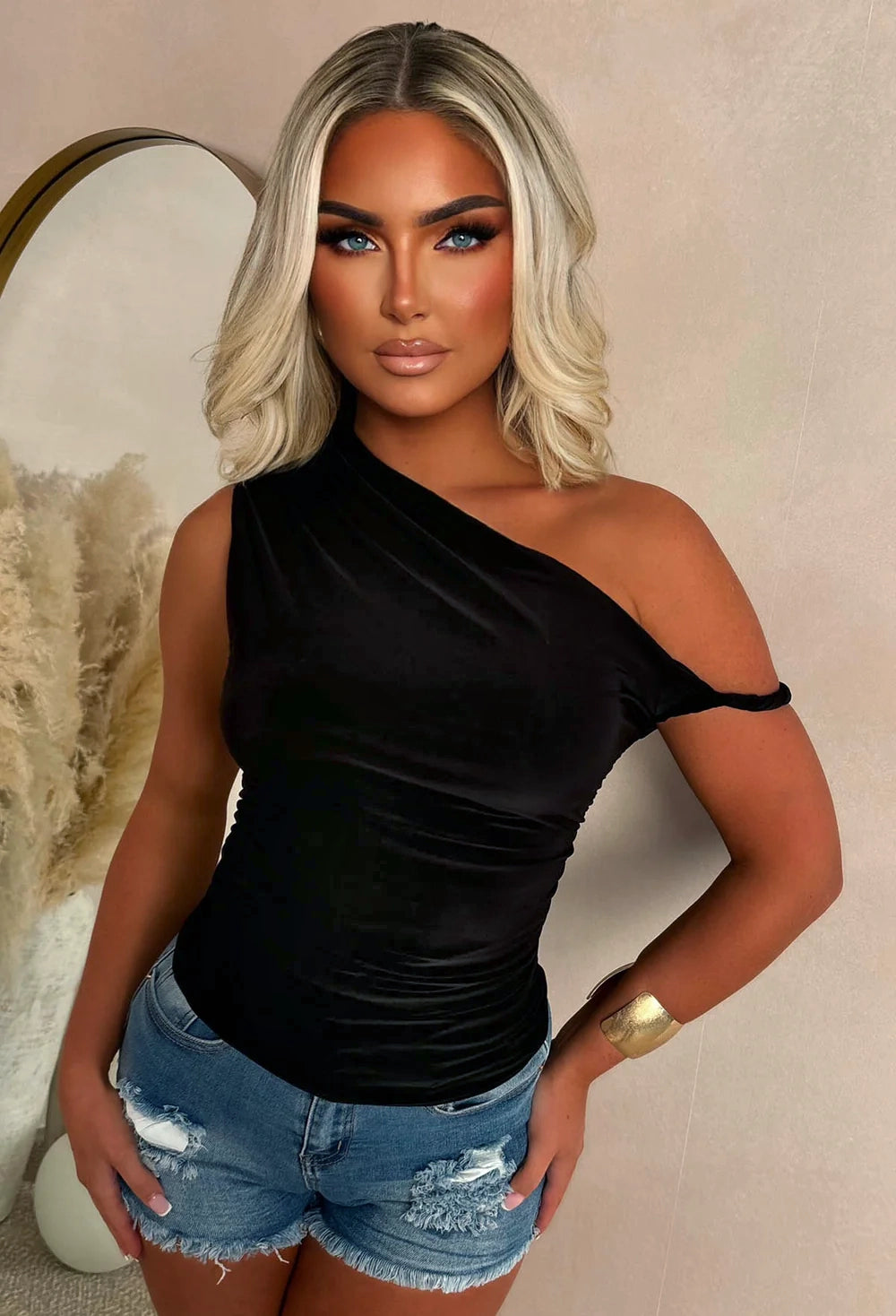 Let Me Go Black One Shoulder Twist Stretch Top