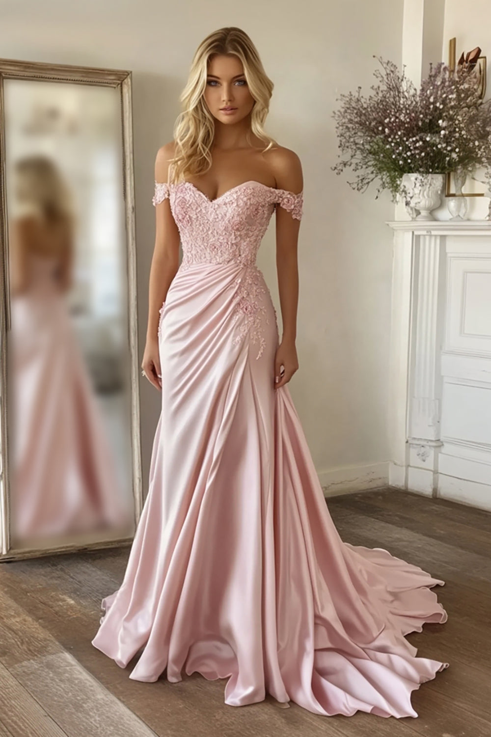 Off-the-Shoulder Long Pink Prom Dress in A-Line Satin with Lace