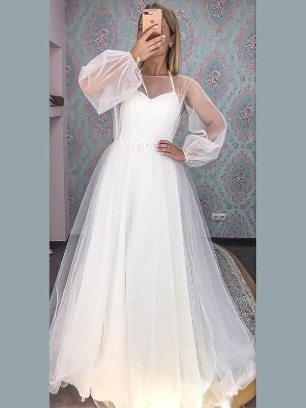 Elegant Ball Gown Long Sleeve Tulle Sweep Train Wedding Dresses