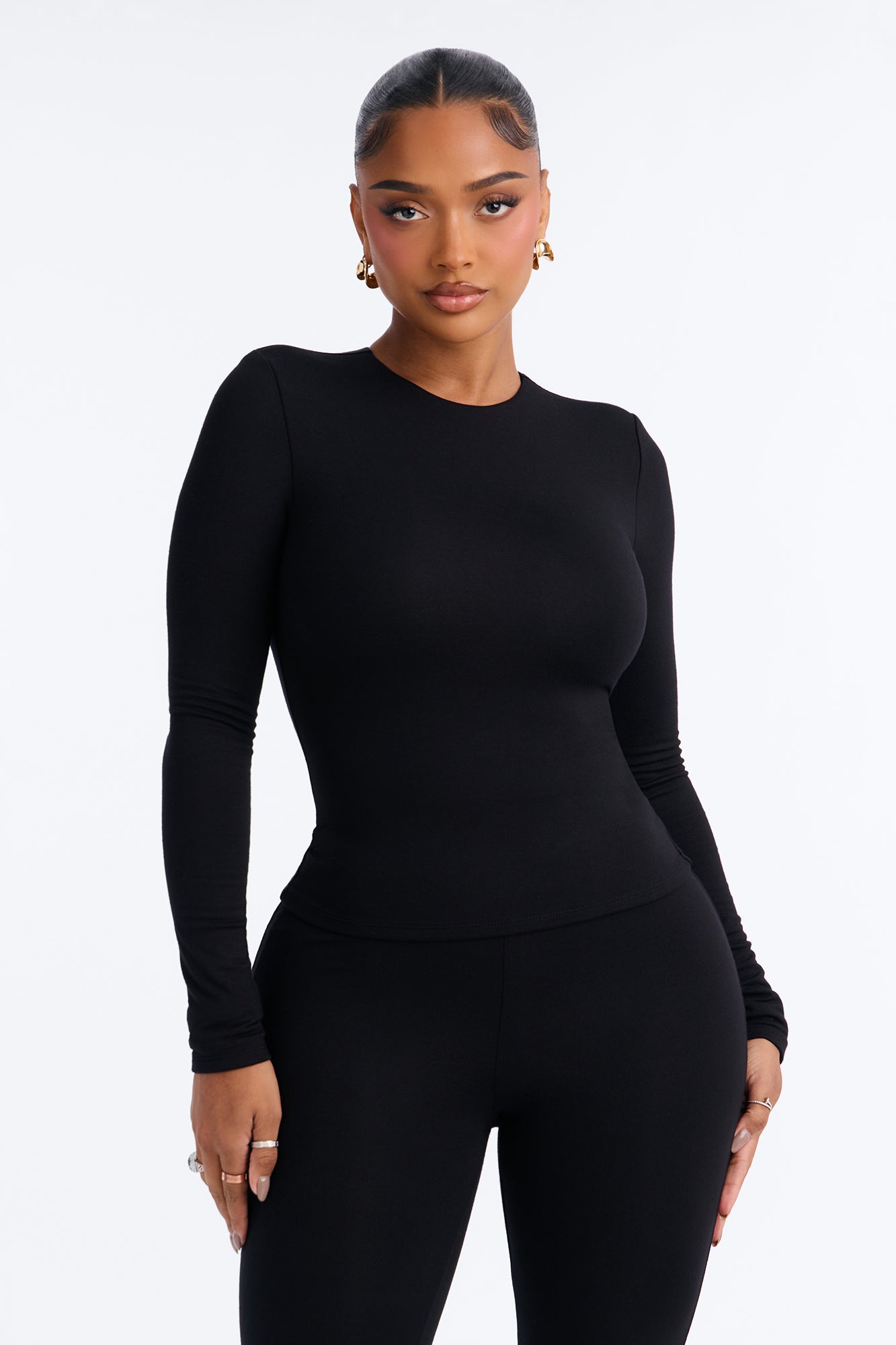 Carrie Premium Modal Crew Neck Long Sleeve Top - Black