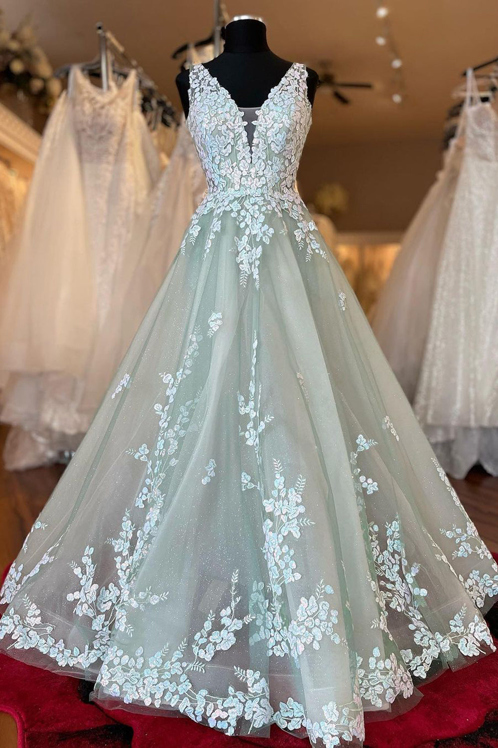 Elegant Light Green A-Line Prom Dress with Deep V-Neck and Appliques