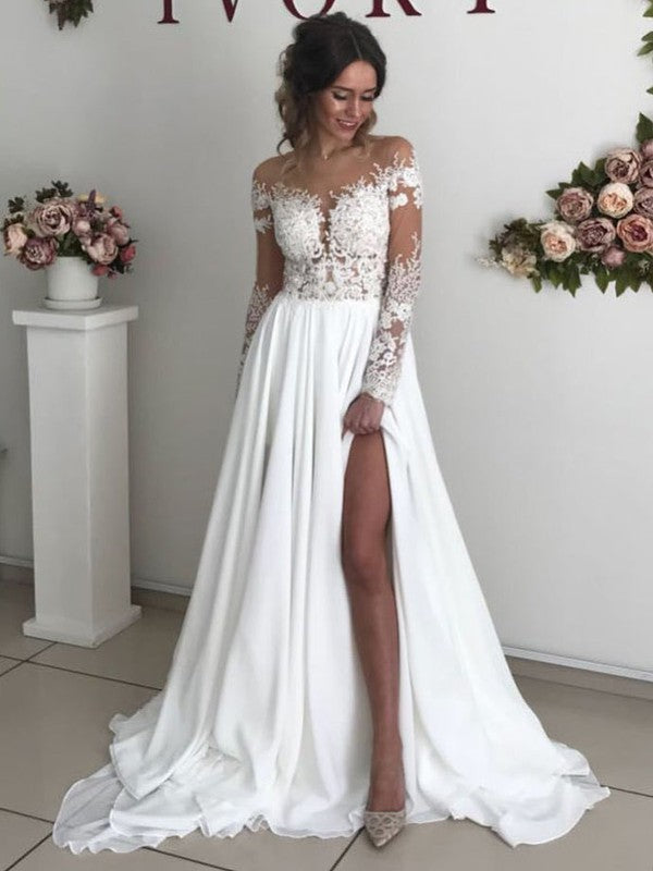 Sexy A-Line Long Sleeves Chiffon Lace Sweep Train Wedding Dresses with Split