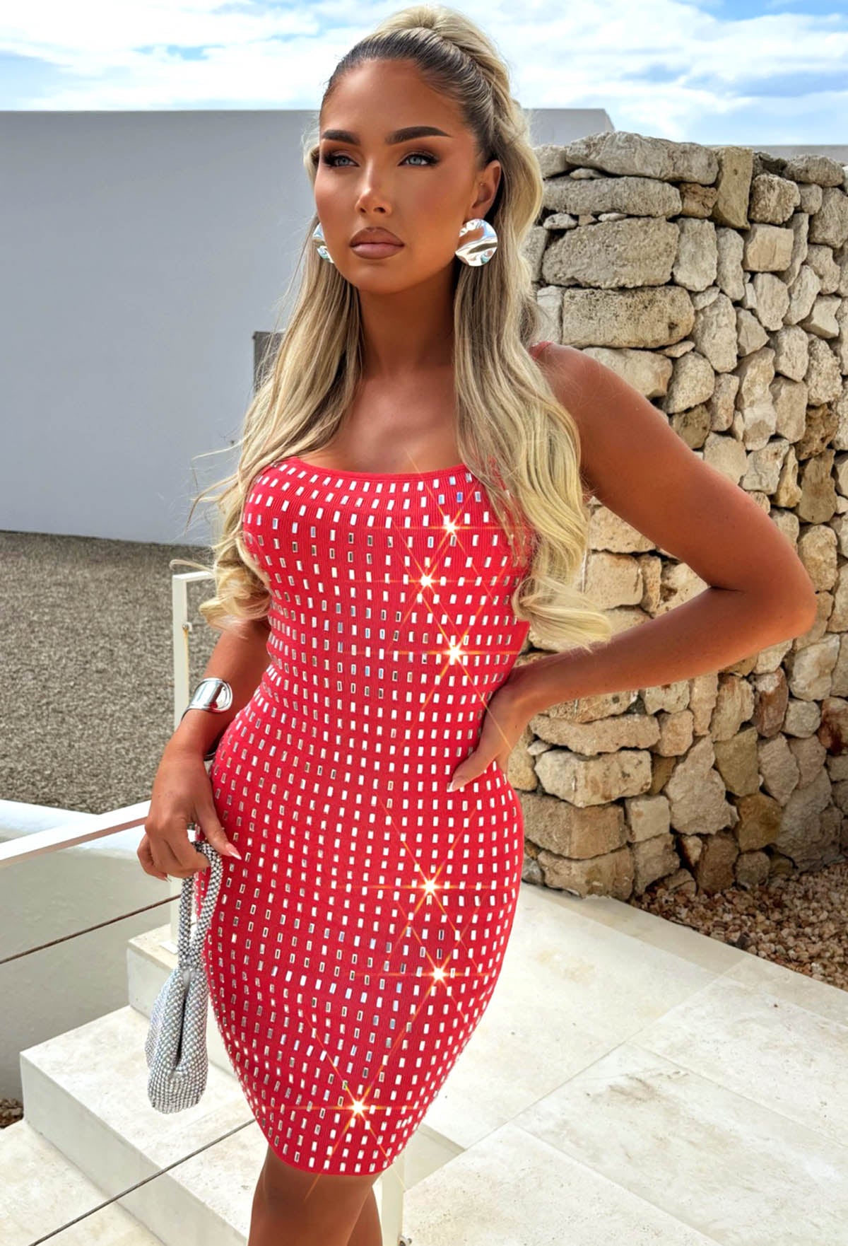 Reflect Love Coral Mirror Knitted Front Split Dress