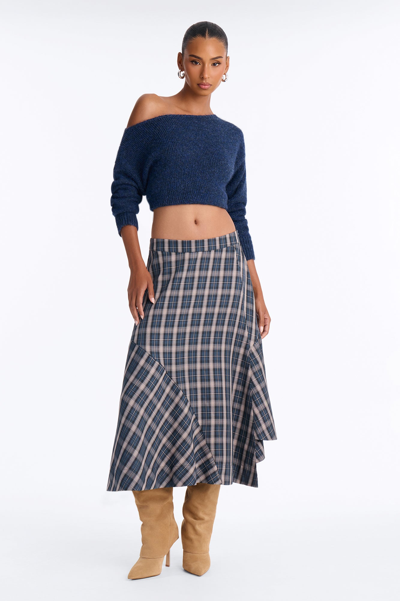 Annie Asymmetrical Plaid Midi Skirt - Blue/combo