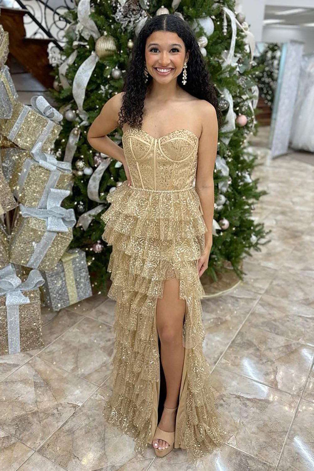 Long Gold Sequins Corset Prom Dress with Sweetheart Neckline and Tiered Tulle Skirt Featuring a Slit