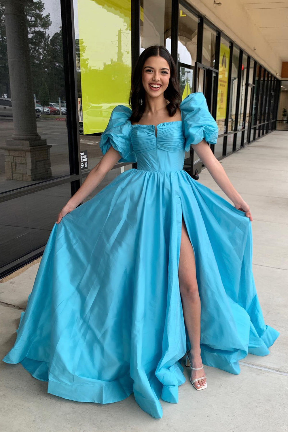 Long A-Line Corset Prom Dress in Blue Satin with Square Neck and Puff Sleeves Featuring a Slit