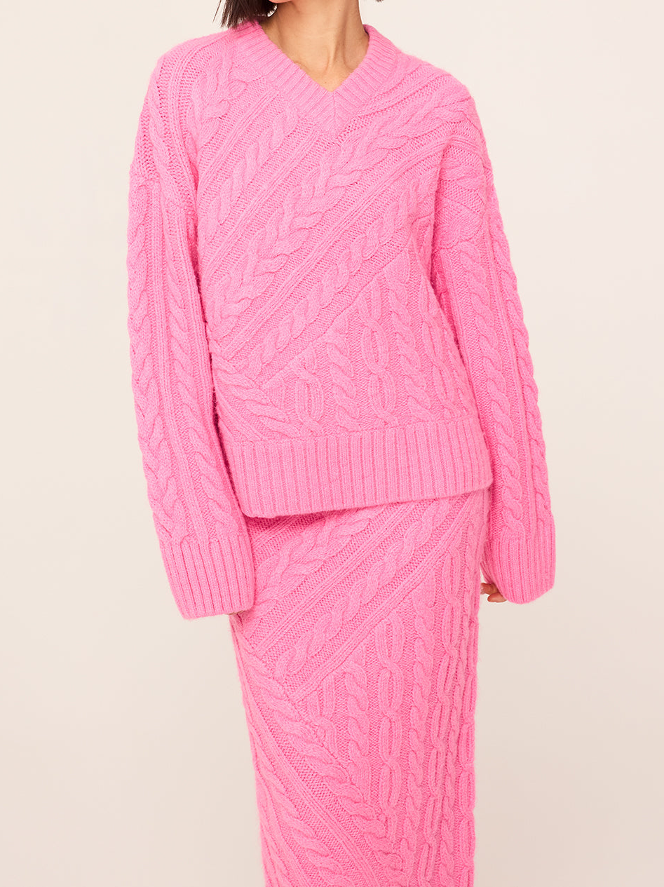 Everly Pink Cable Knit V-Neck Jumper