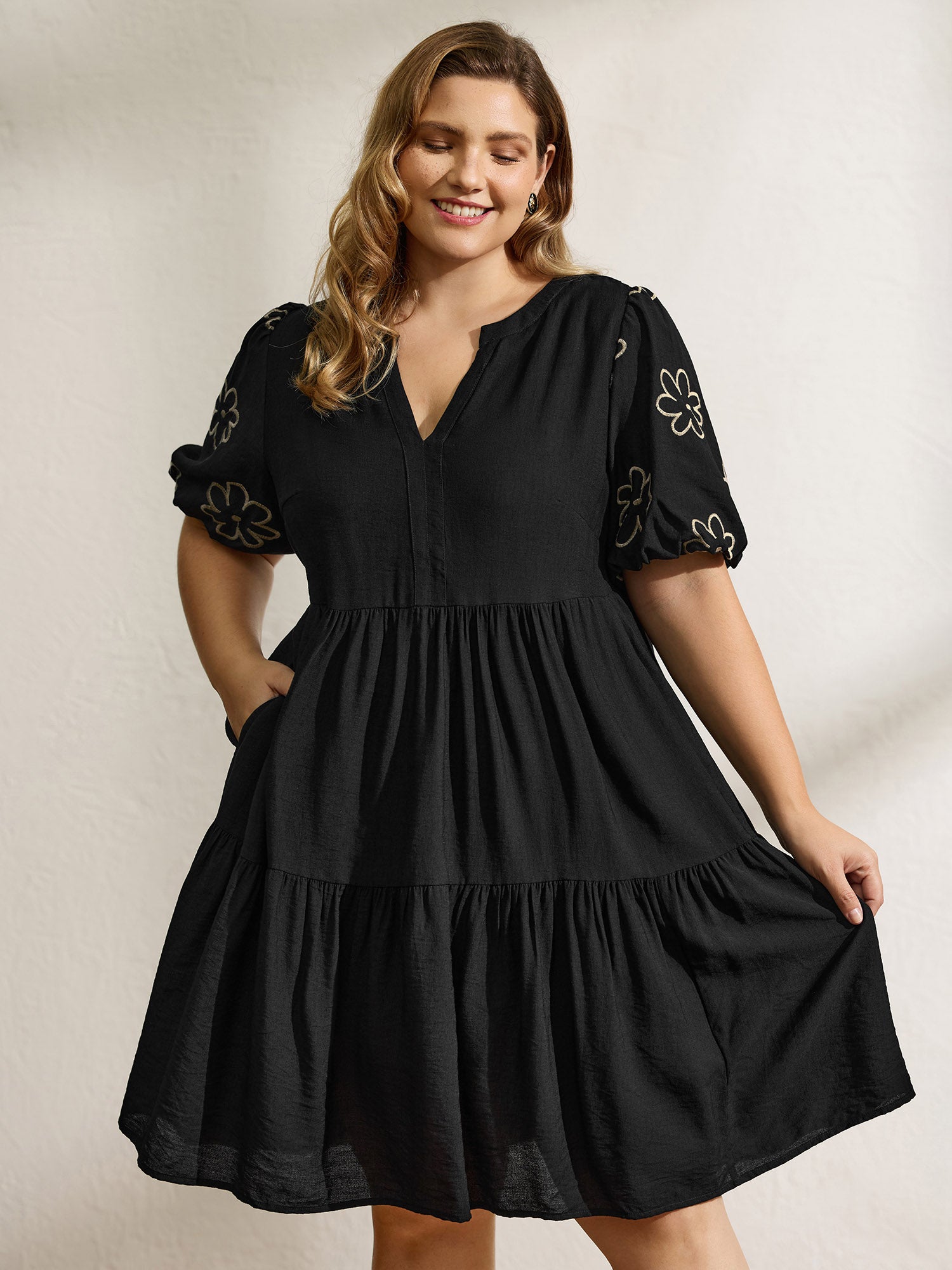 Floral Embroidered Sleeve A-Line Mini Dress
