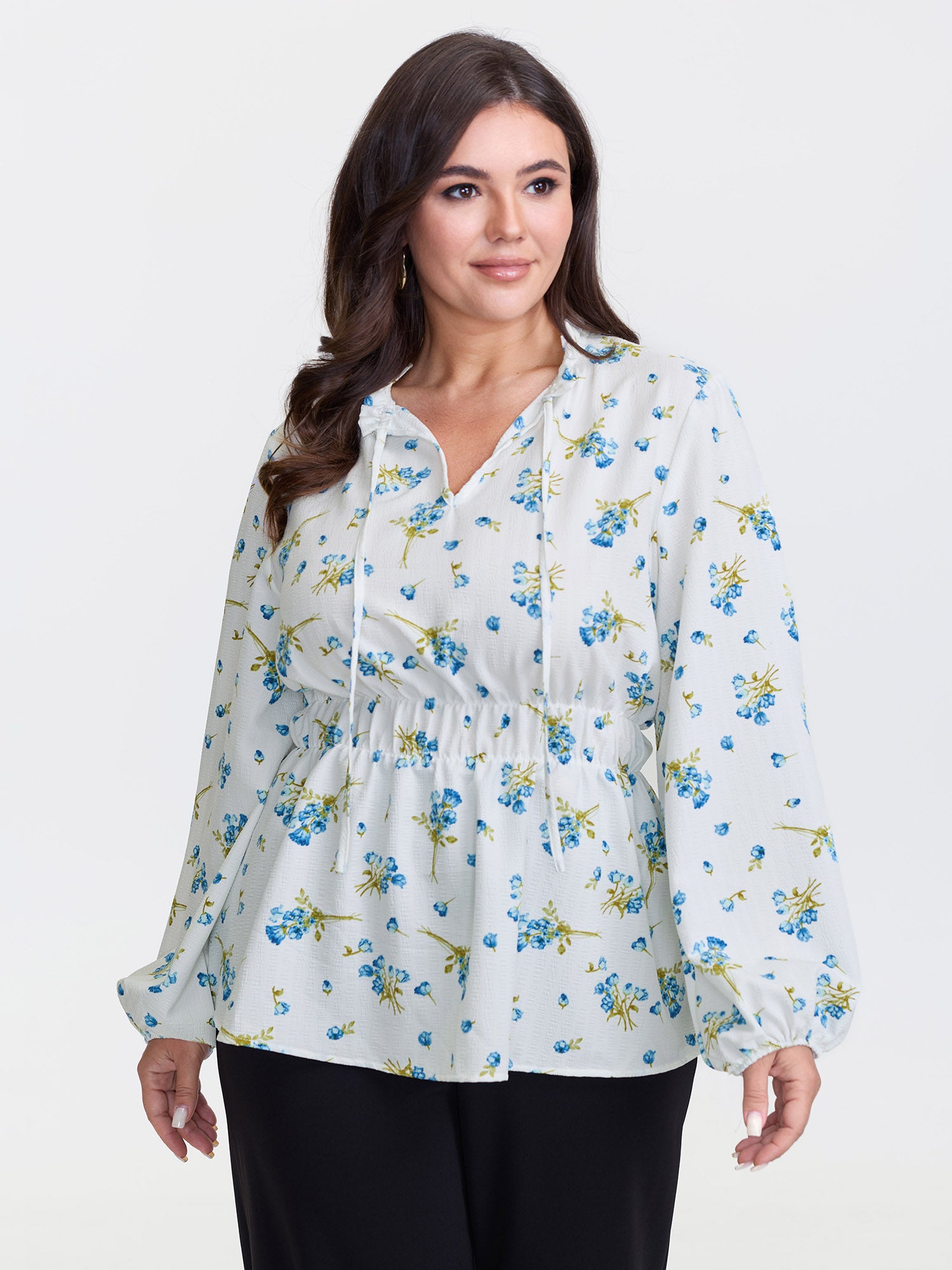 Floral Print Waist Defining Neck Tie Blouse