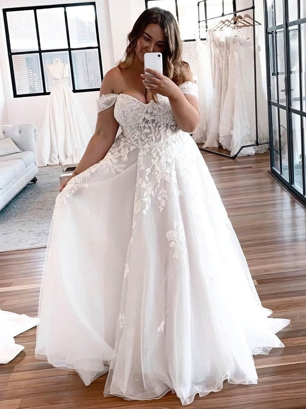 Beautiful A-Line Lace Tulle V-Neck Off-The-Shoulder Wedding Dresses with Appliques