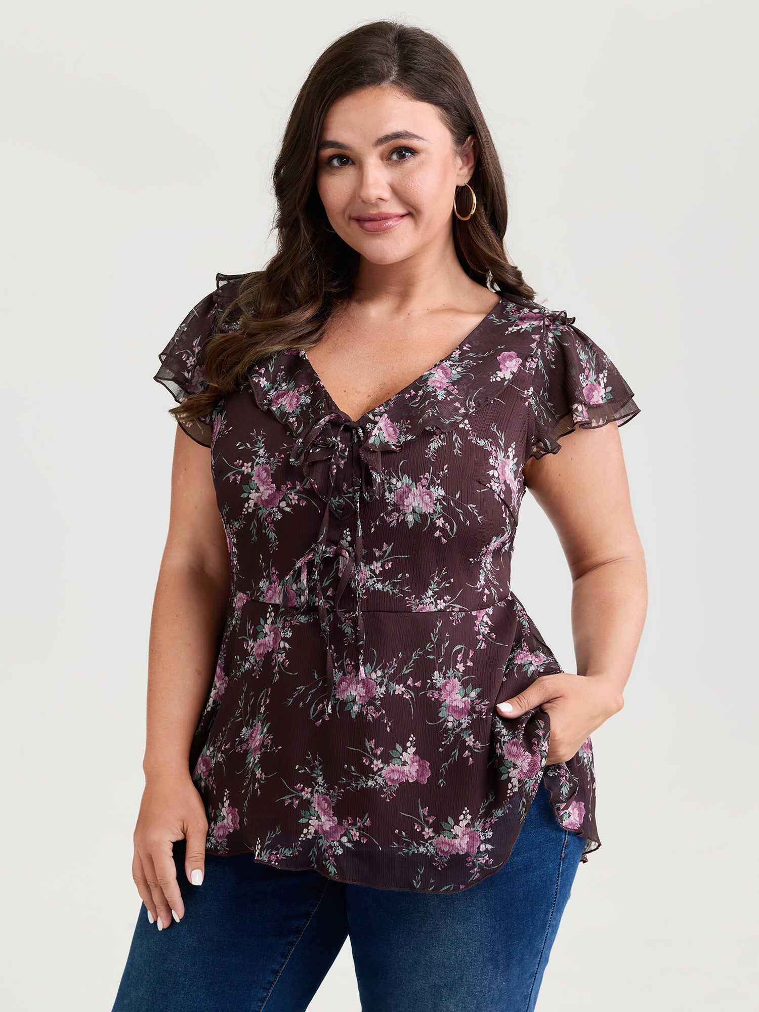 Romantic Floral Print Layered Ruffled Sleeve Blouse