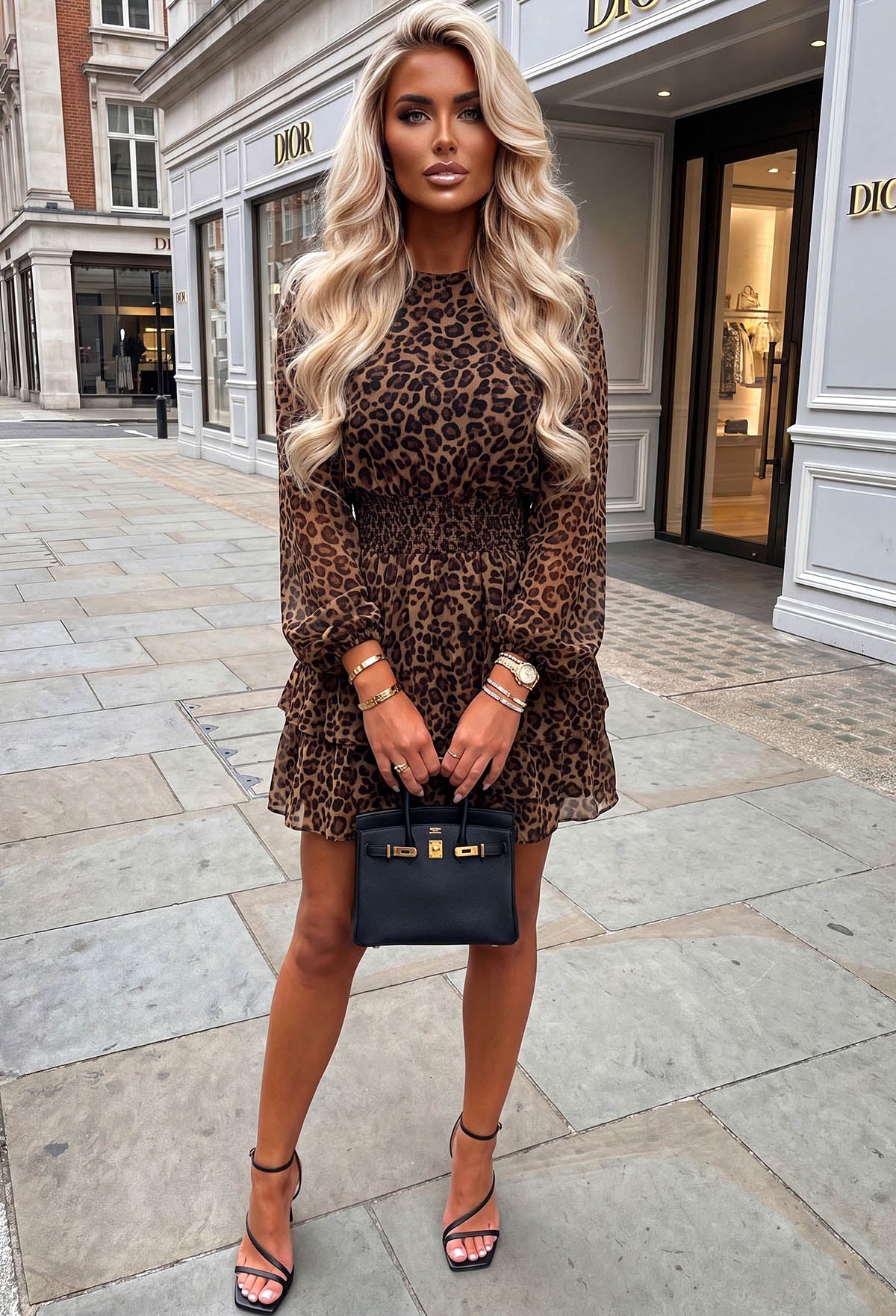 Wild Daydream Brown Leopard Printed Shirred Waist Chiffon Ruffle Mini Dress