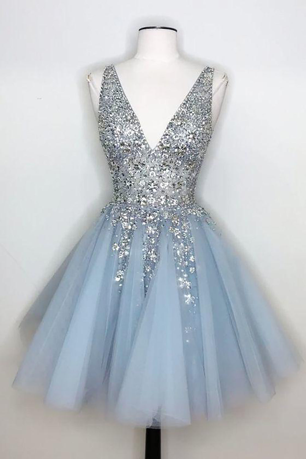 Blue V Neck Homecoming Dress/Mini Dress With Beadings