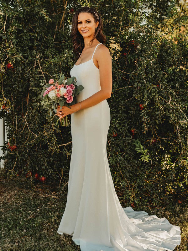 Fashionable Mermaid Spaghetti Straps Sleeveless Square Neck Satin Sweep Train Wedding Dresses