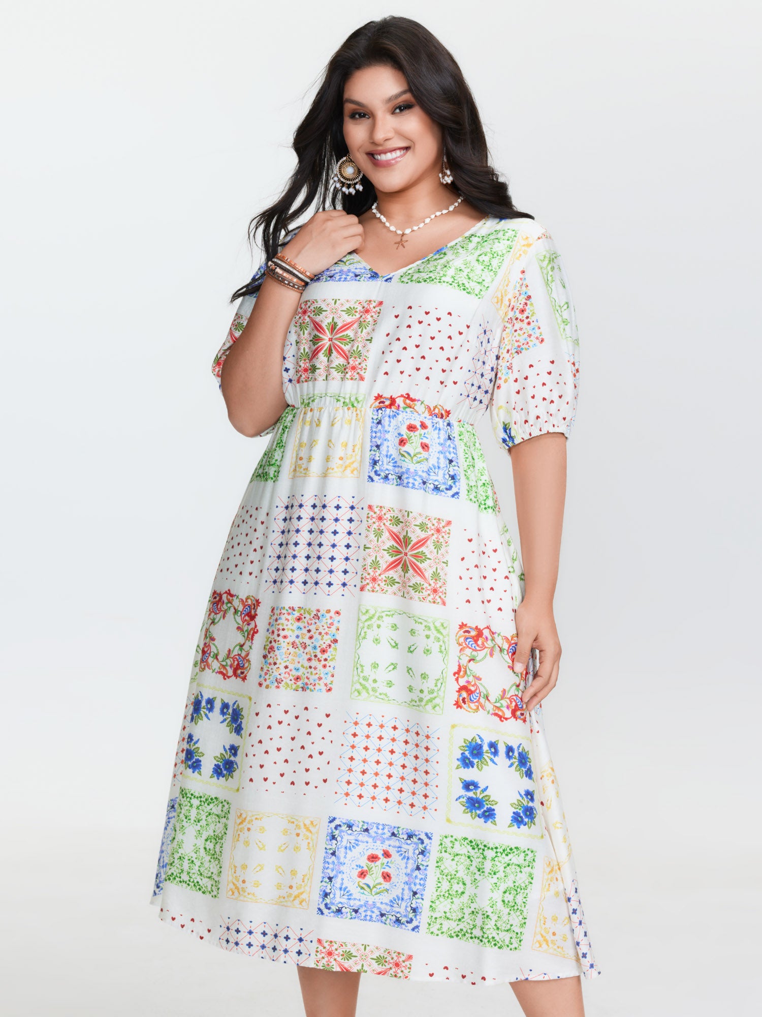 Floral Collage Pockets Stretchy Waist Midi Dress