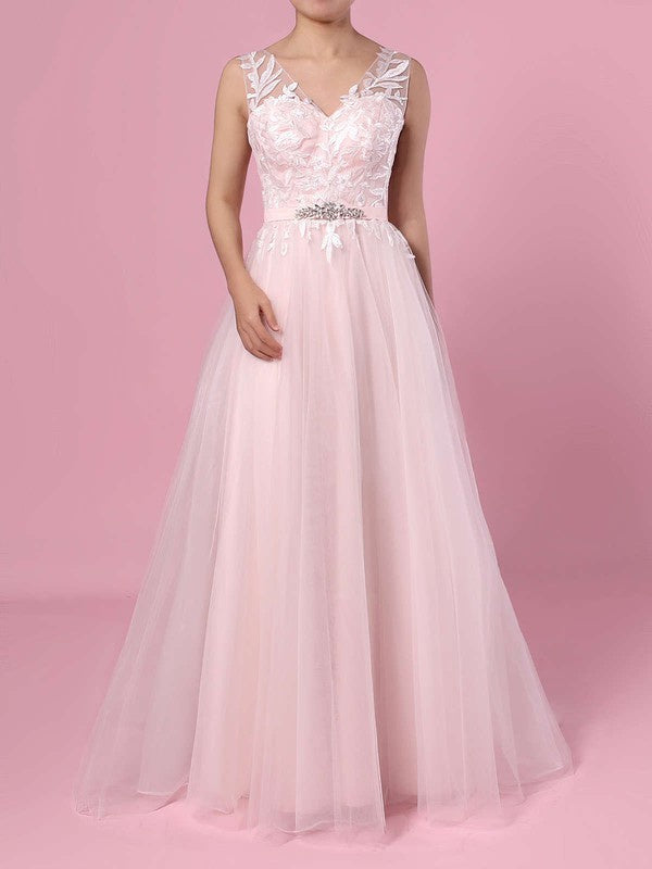 Glamorous Sleeveless V-Neck Tulle A-Line Wedding Dresses with Sweep Train