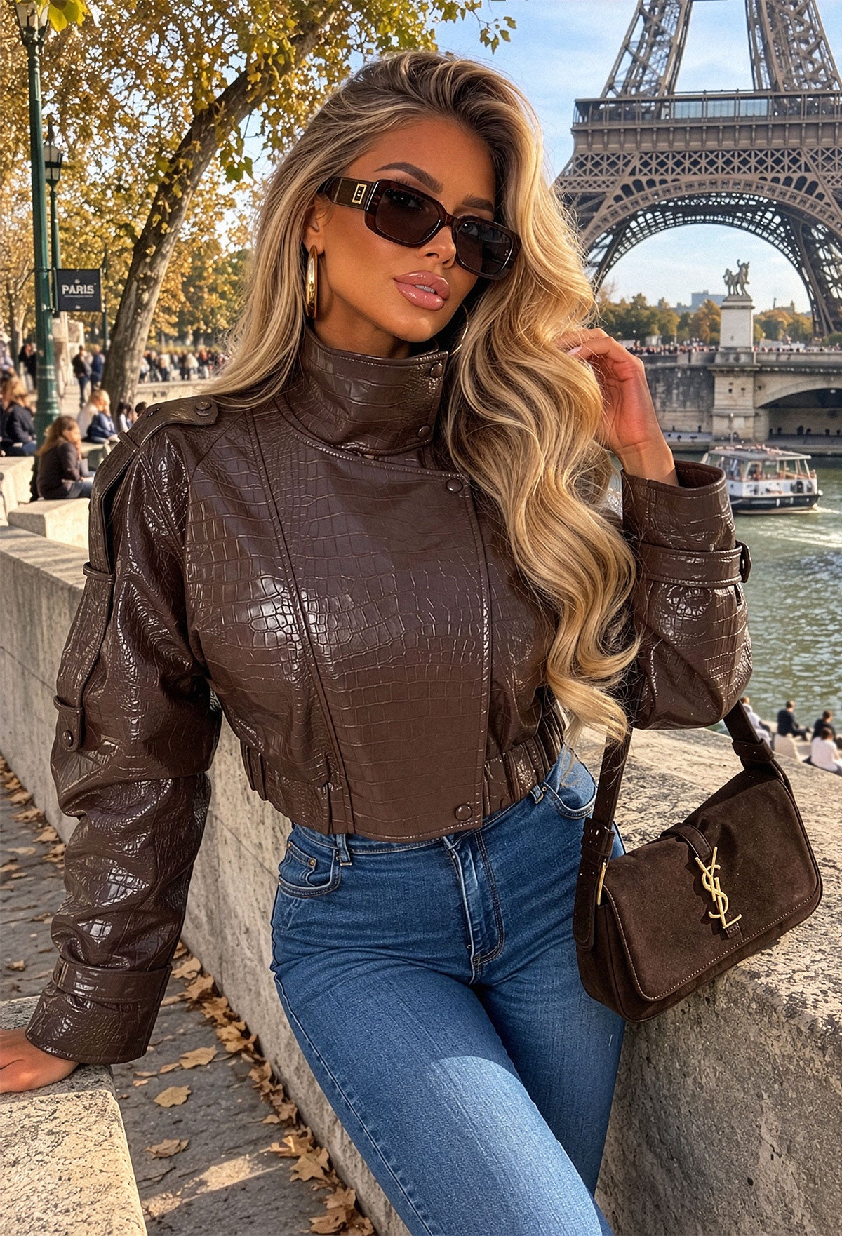 Now Or Leather Chocolate Brown Croc Faux Leather Funnel Neck Cropped Jacket
