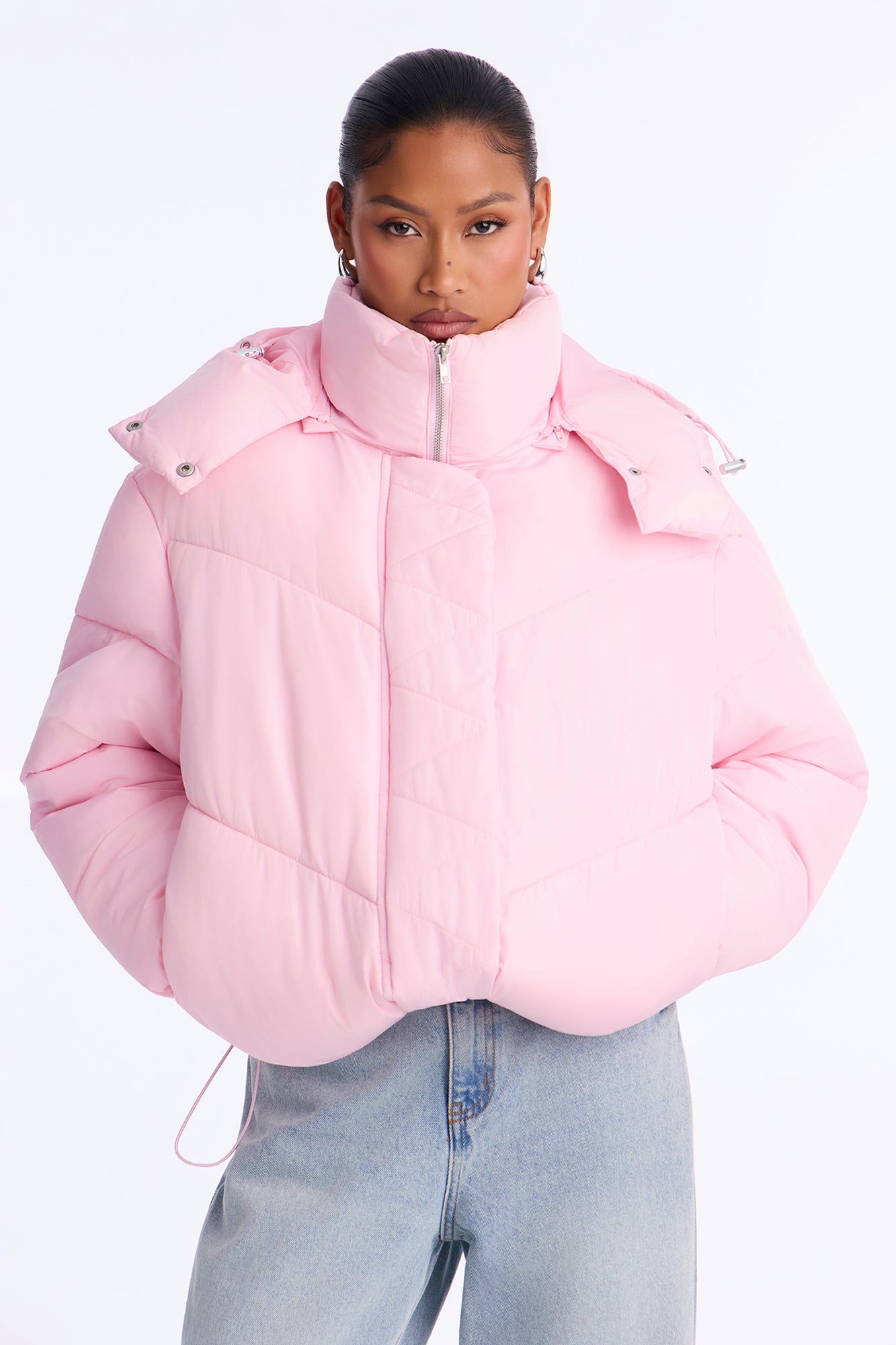Winter Ready Nylon Blend Removable Hooded Puffer Jacket - Light Pink
