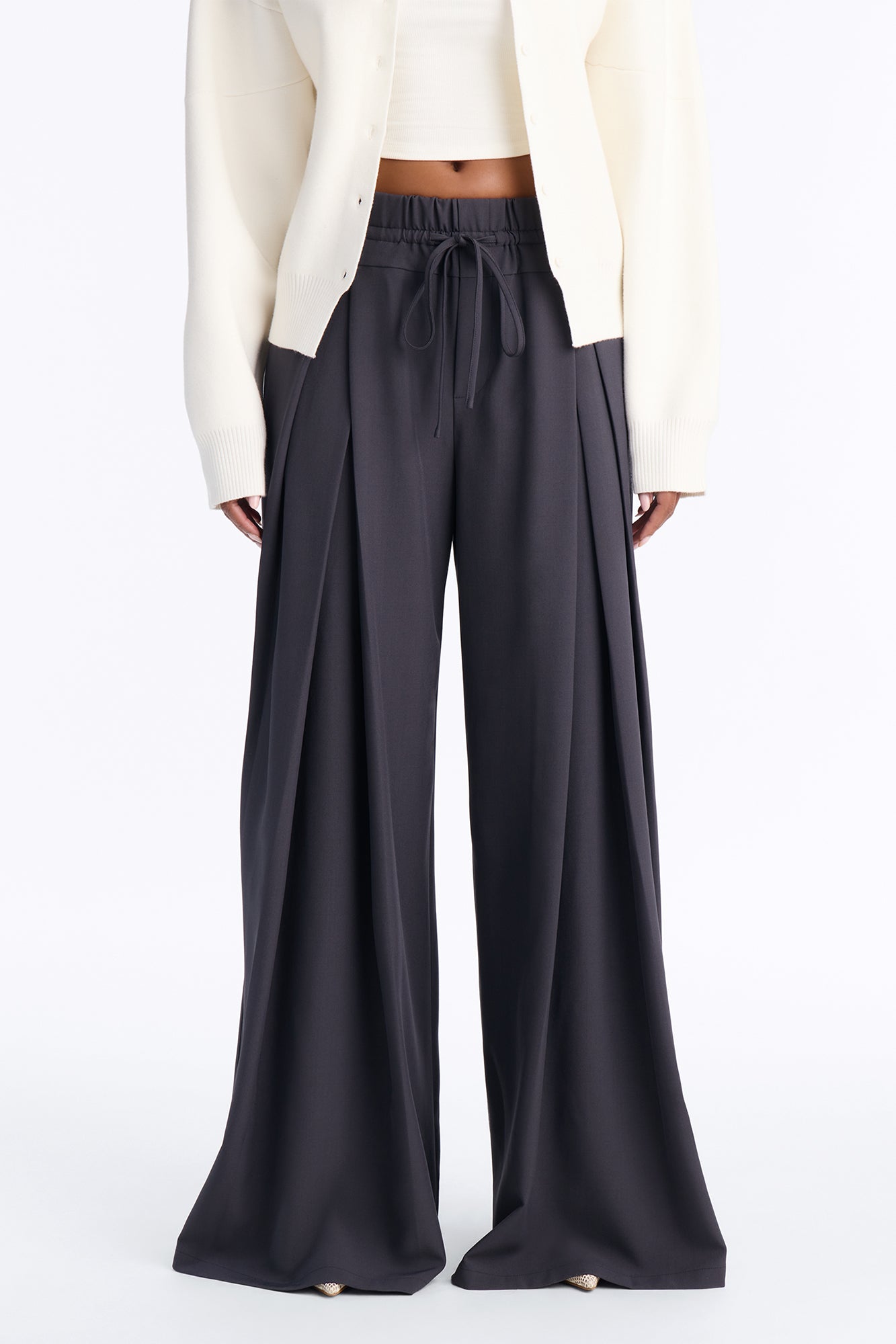 Penelope High Rise Drawstring Wide Leg Trouser - Charcoal