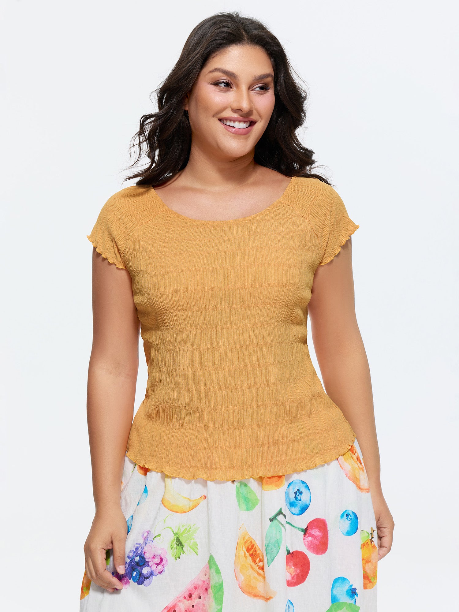 Stretchy Textured Ruffled Hem T-Shirt