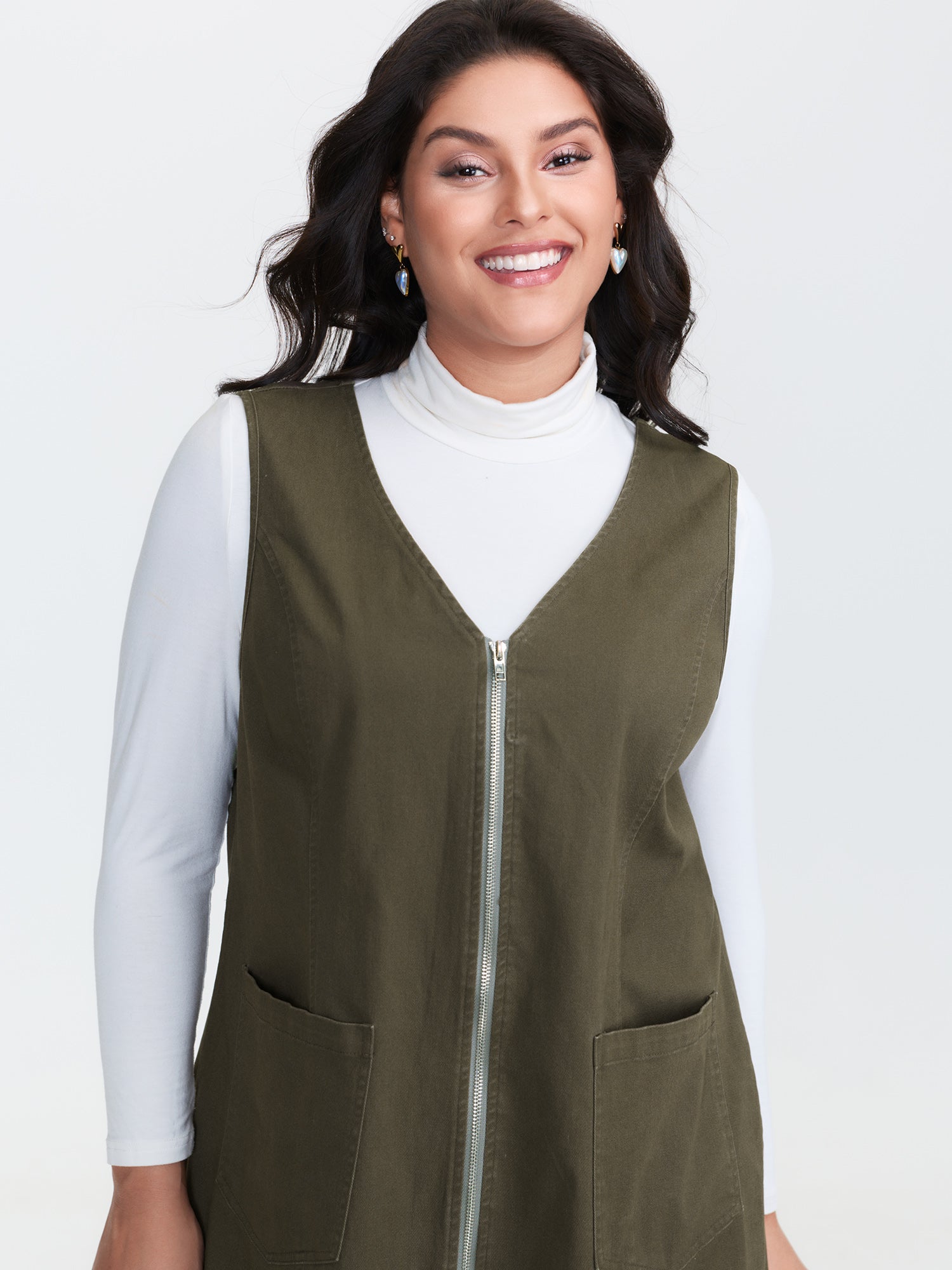 Full-Zipper V-Neck Sleeveless Midi Dress
