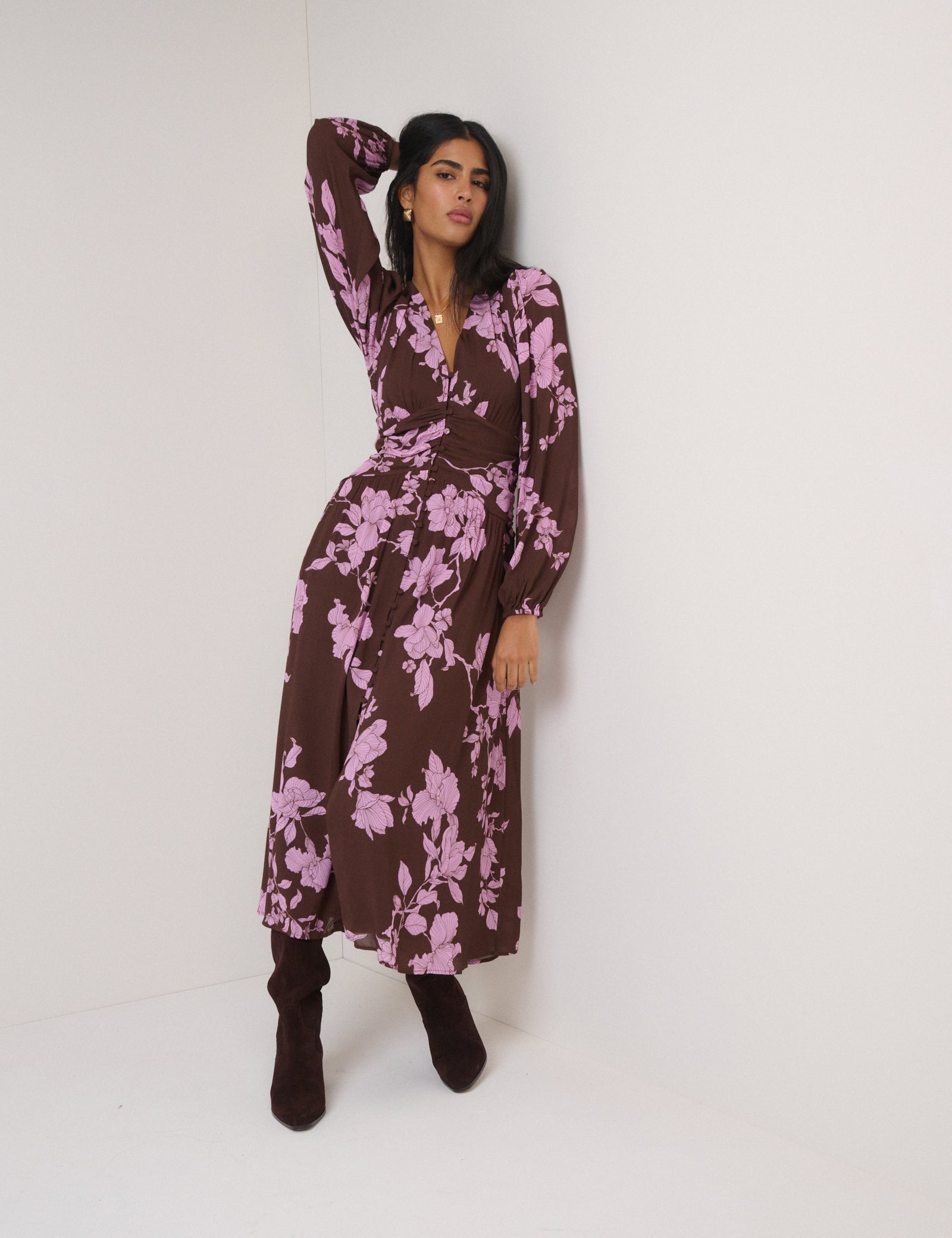 Brown And Pink Floral Luna Midi Dress