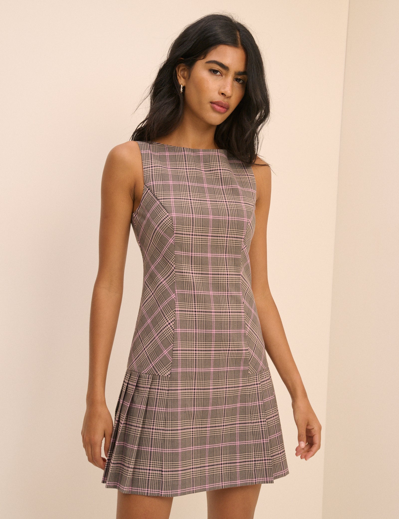 Brown Check Pleated Mary Mini Dress