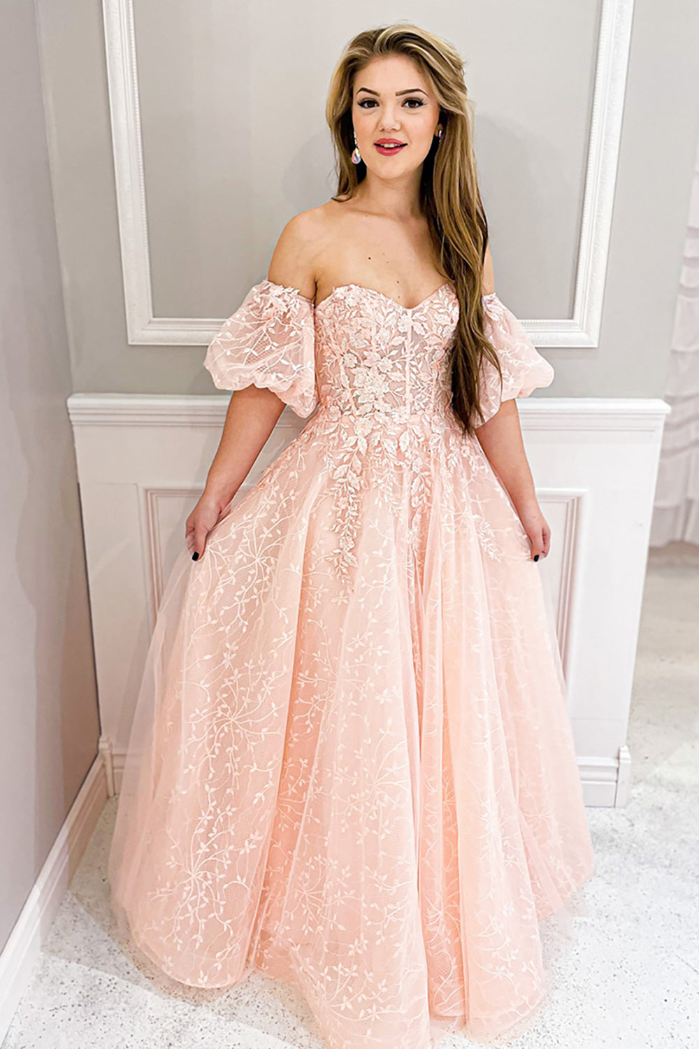 Sweetheart A-Line Corset Prom Dress in Blush with Puff Sleeves and Tulle Applique