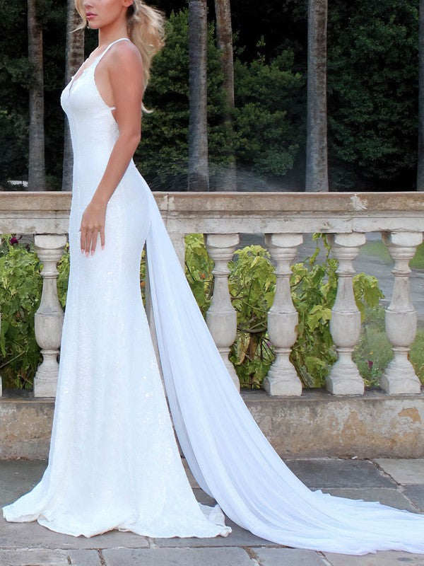 Stunning Mermaid V-Neck Sleeveless Lace Sweep Train Wedding Dresses