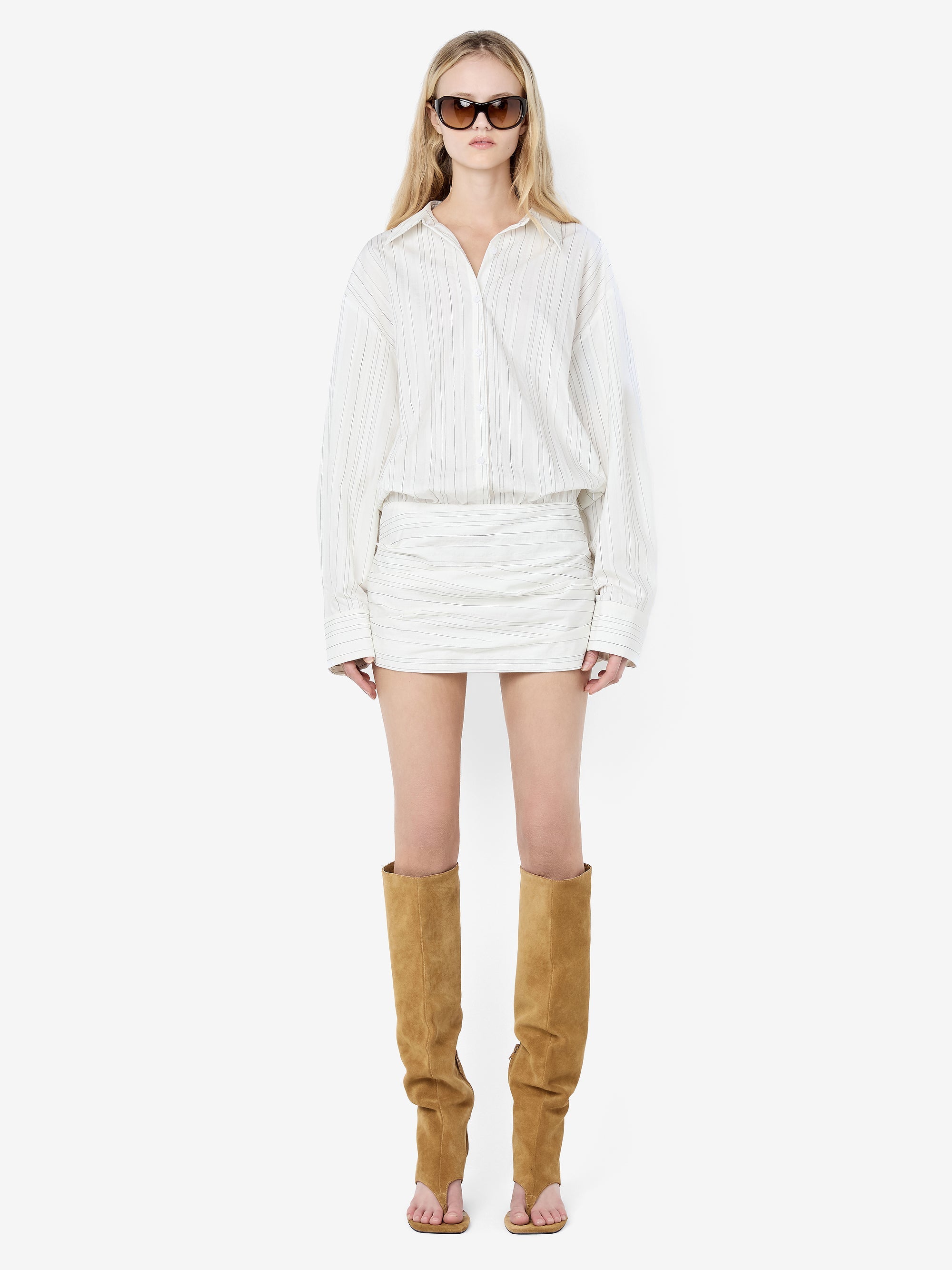 ROMI LONG SLEEVE MINI DRESS - IVORY/BLACK STRIPE