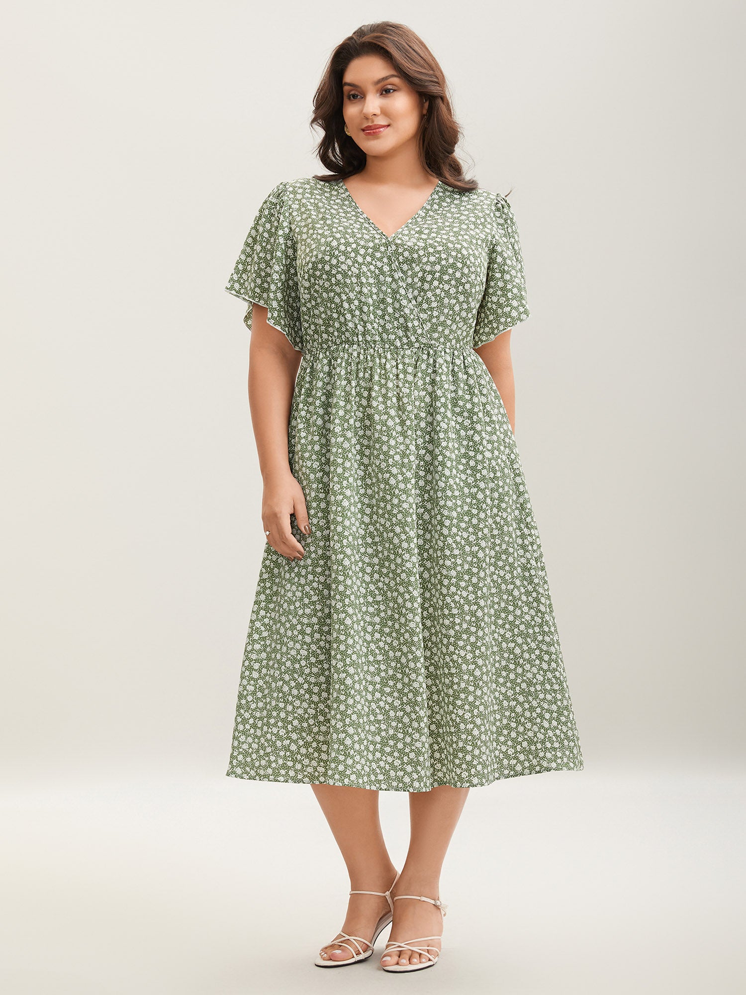 Ditsy Floral Print Flared Sleeve Midi Dress