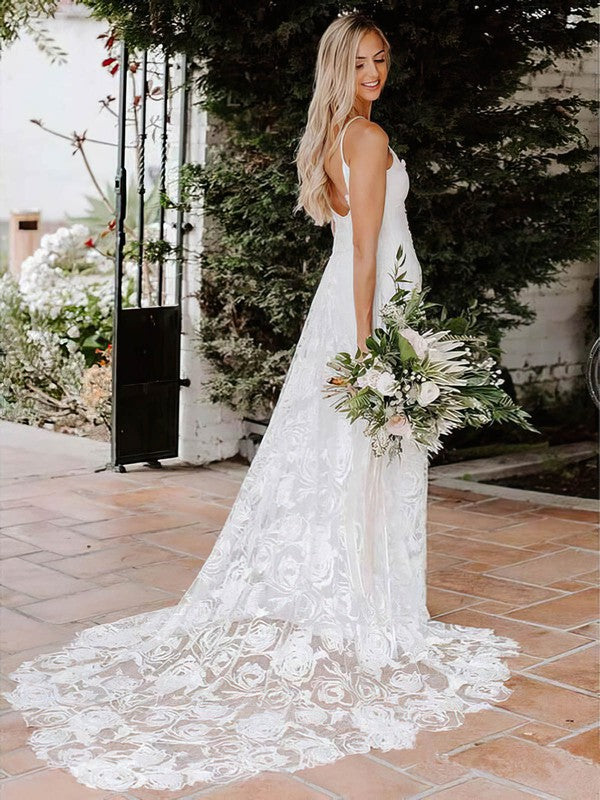 Exquisite Backless Spaghetti Straps A-Line V-Neck Lace Court Train Wedding Dresses