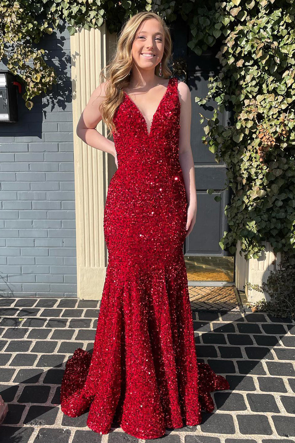 Red Sequined Long Prom Dress with Mermaid Deep V Neckline