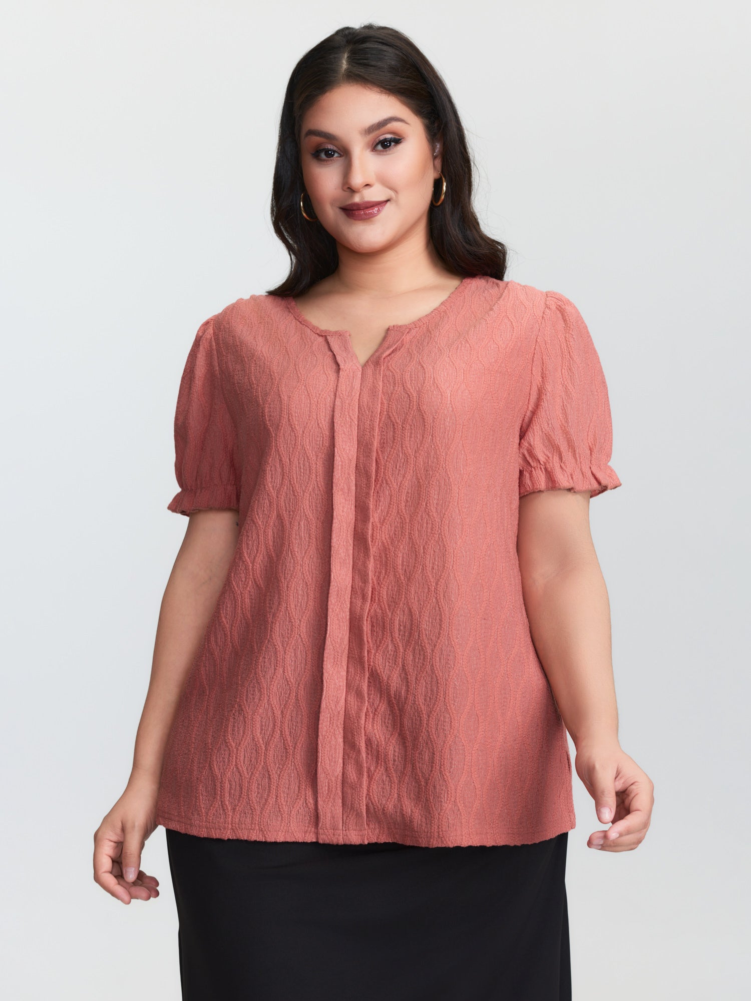 Textured Knot Placket Shirred Cuff Sleeve Top