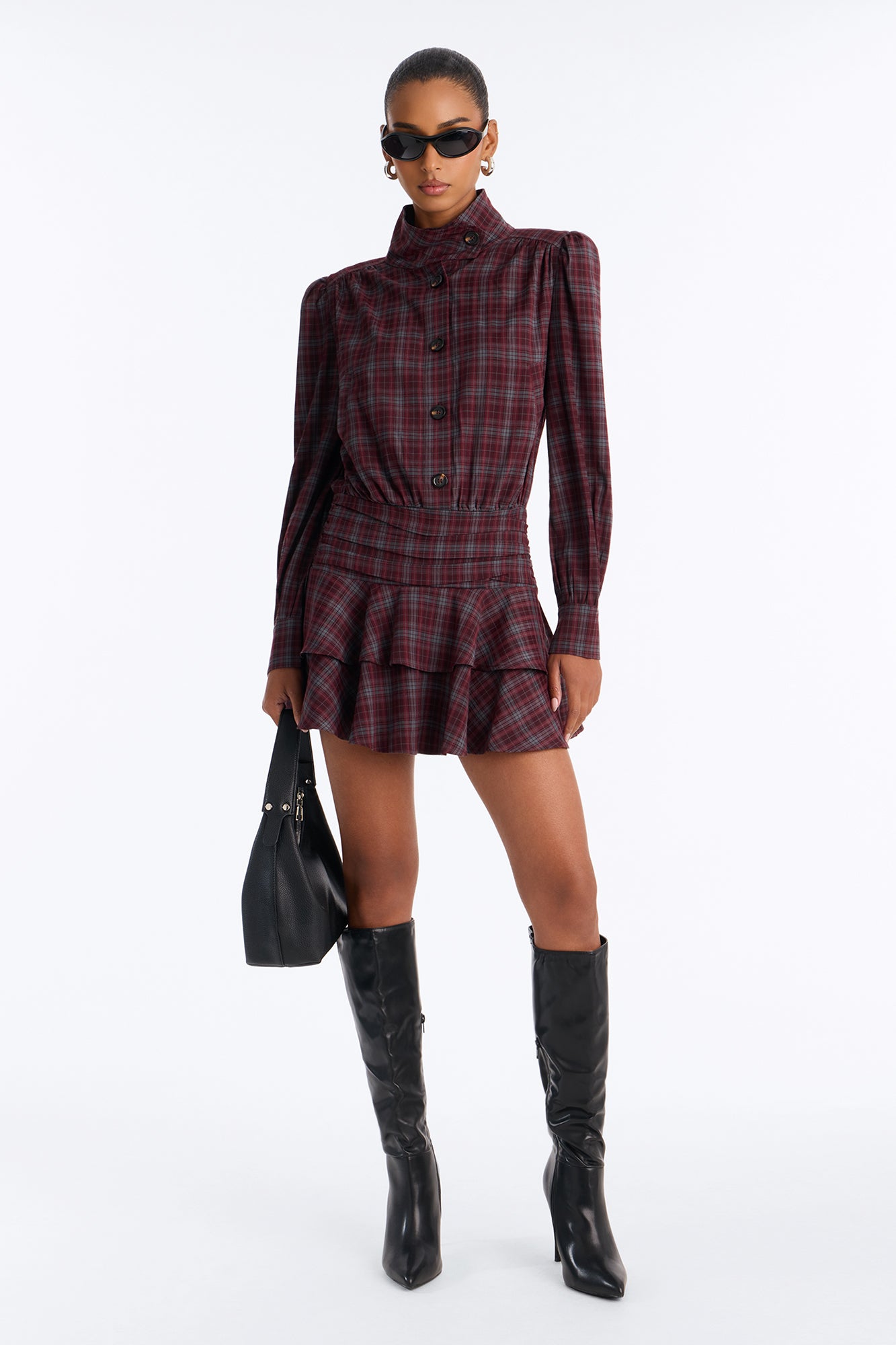 Picture This Ruffle Plaid Mini Dress - Burgundy/combo