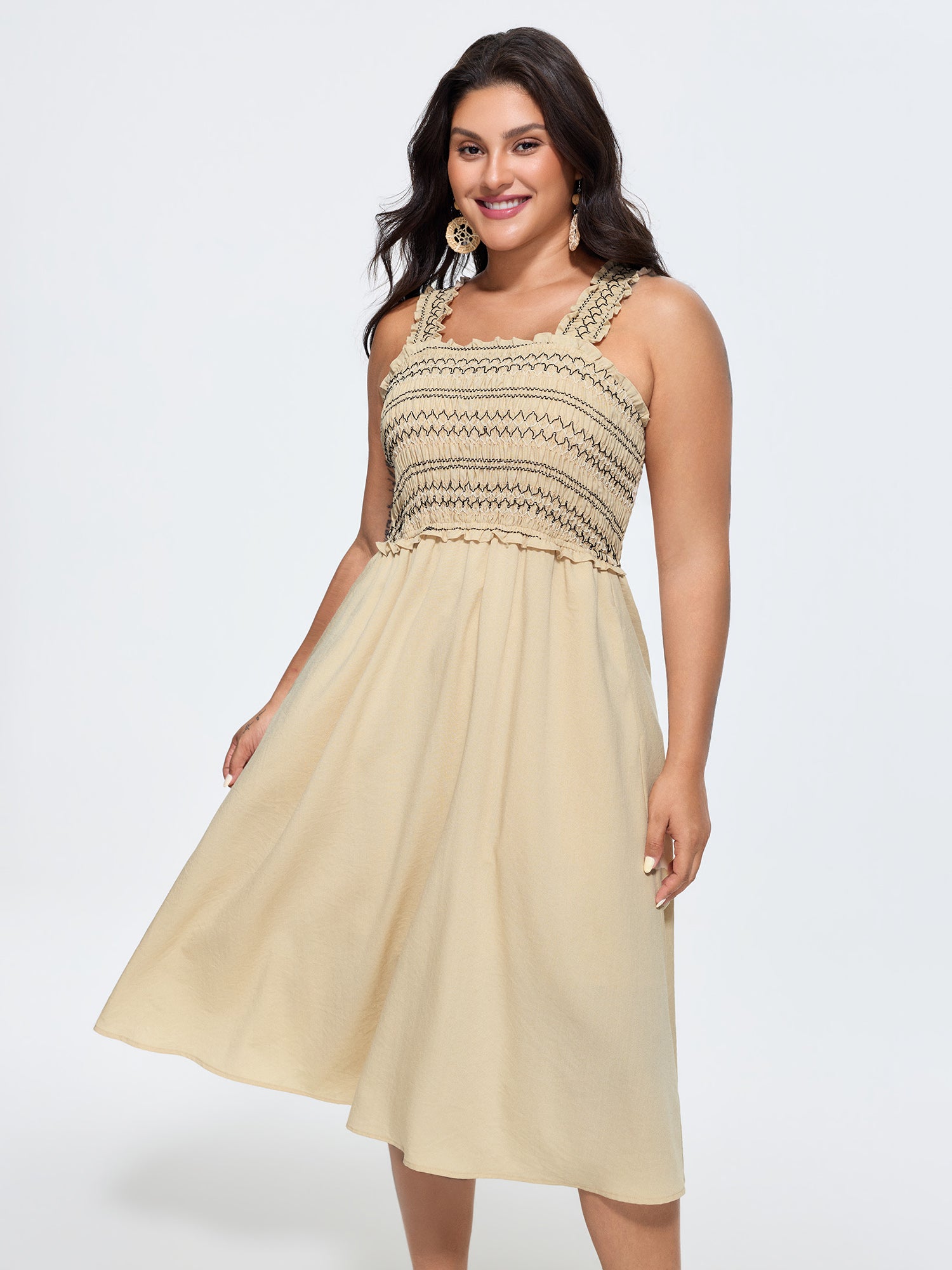 Color Contrast Shirred Easy-Fit Midi Dress