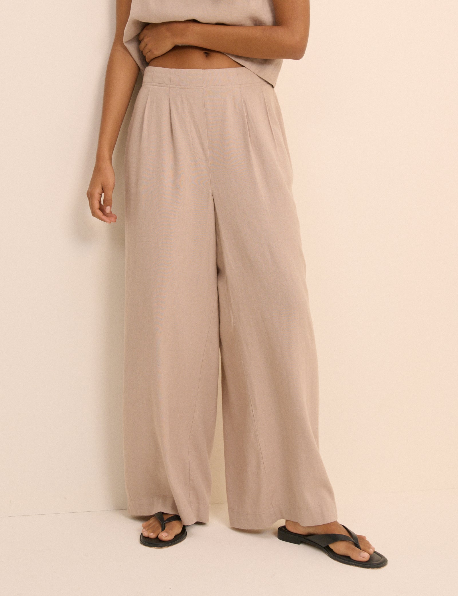 Sand Linen-Rich Wide Leg Trousers