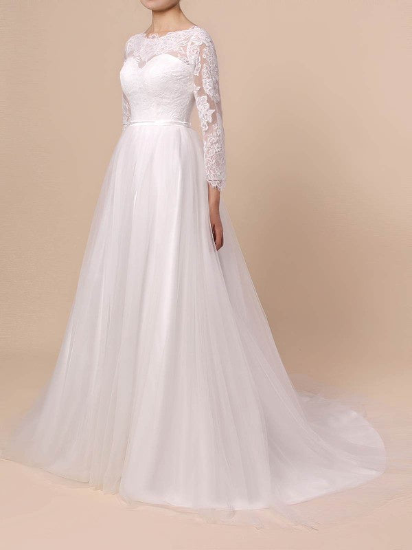 Fabulous Scoop Long Sleeves Lace Tulle Ball Gown Wedding Dresses with Appliques