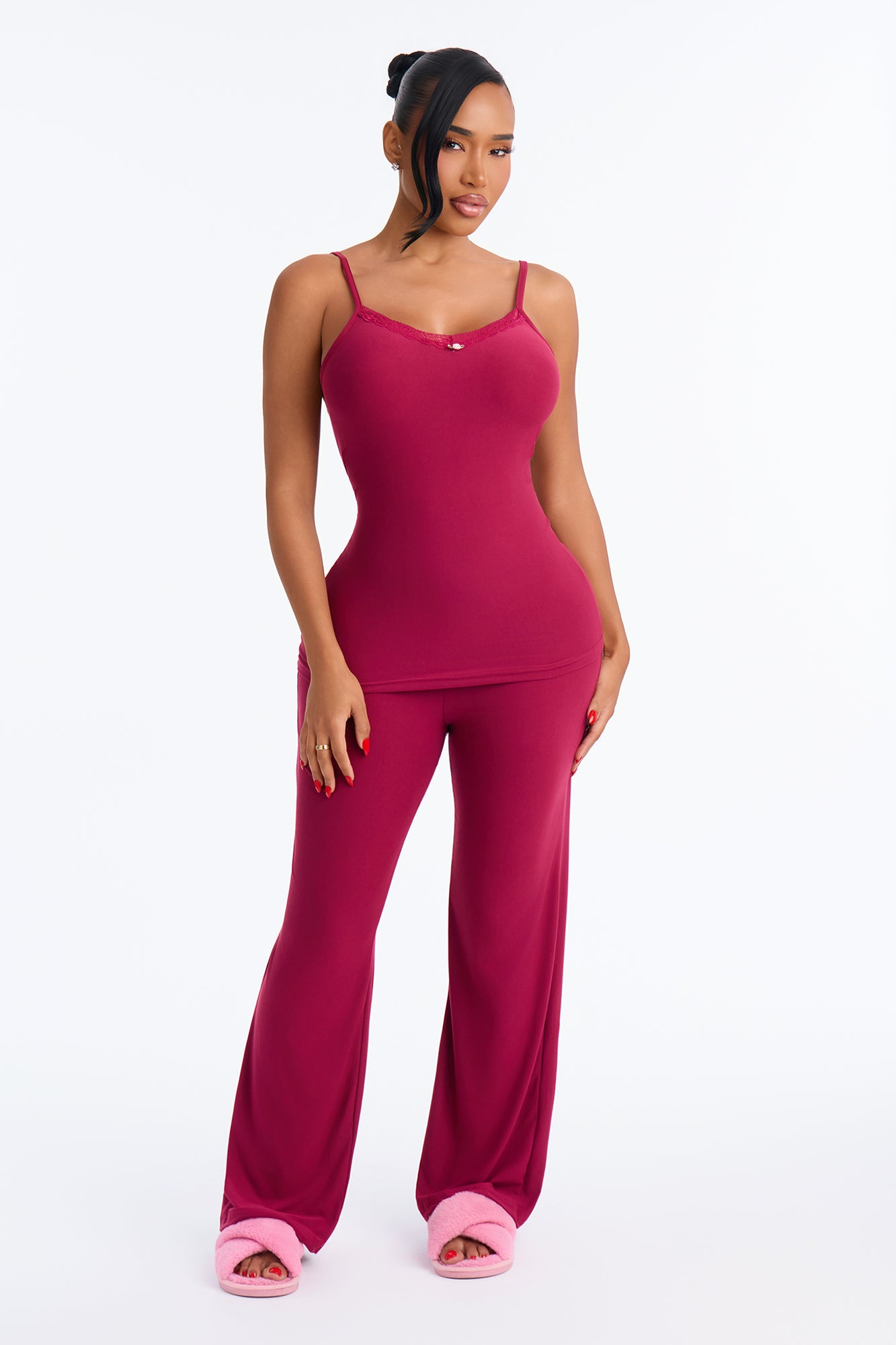 Cozy Up Wide Leg Lace Trim PJ Pant Set - Purple