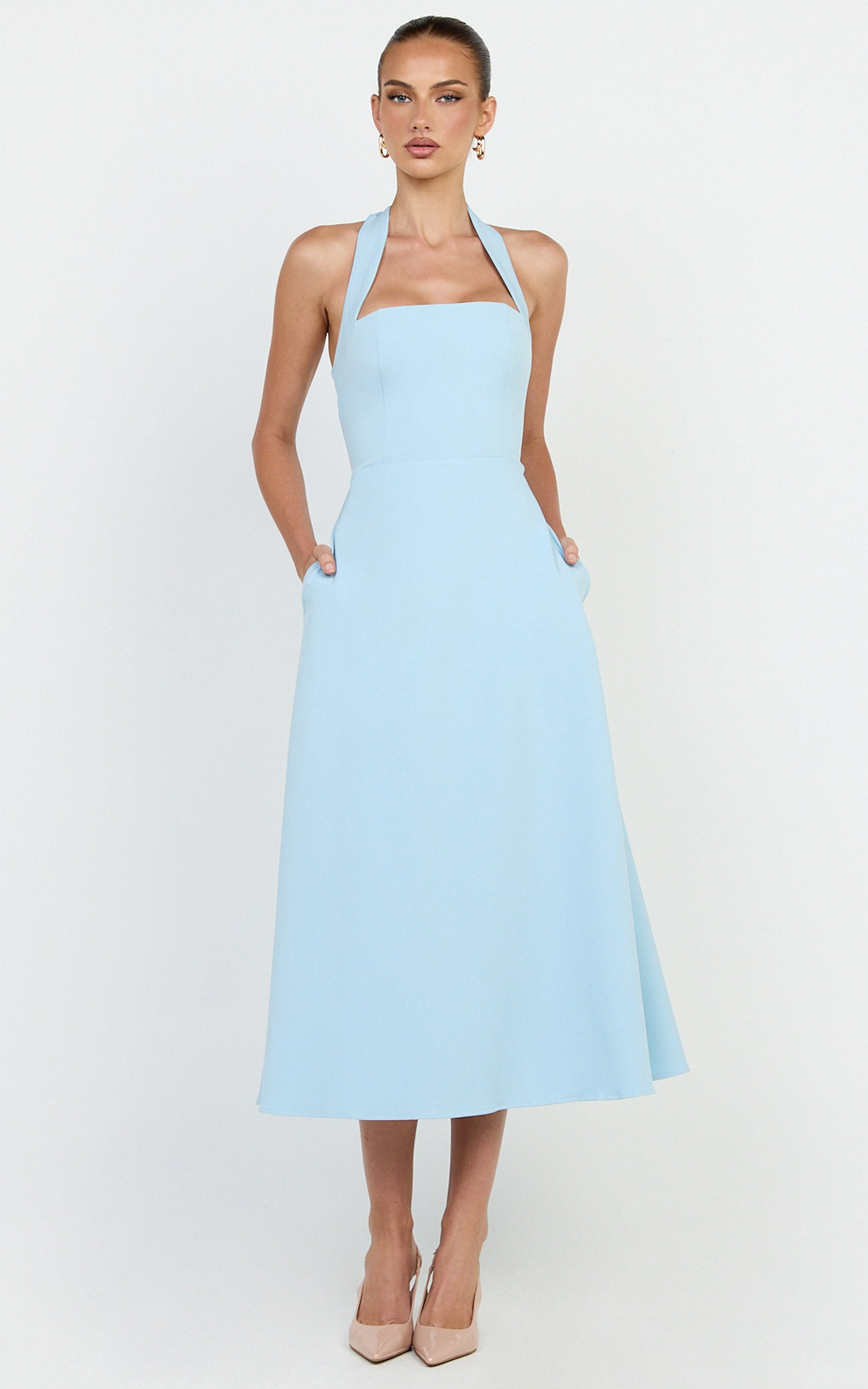Karissa Midi Dress - Halter Neck Fit and Flare Midi Dress in Pale Blue