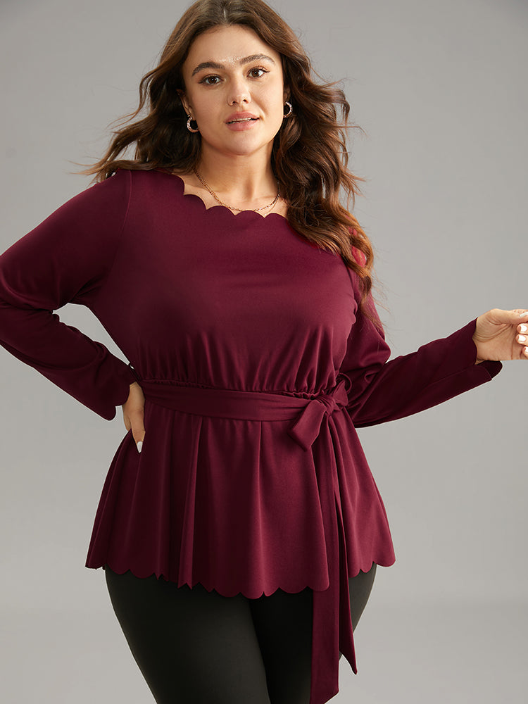 Solid Scalloped Trim Elastic Waist Belted Blouse