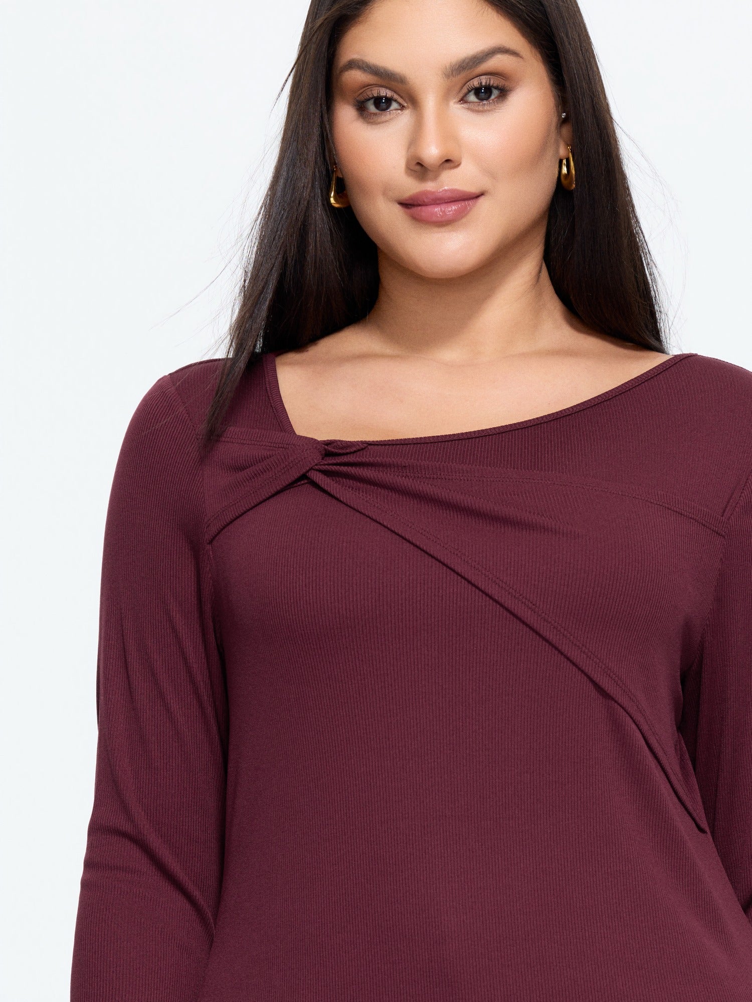 Stretch Asymmetric Twist Knot Long Sleeve Top
