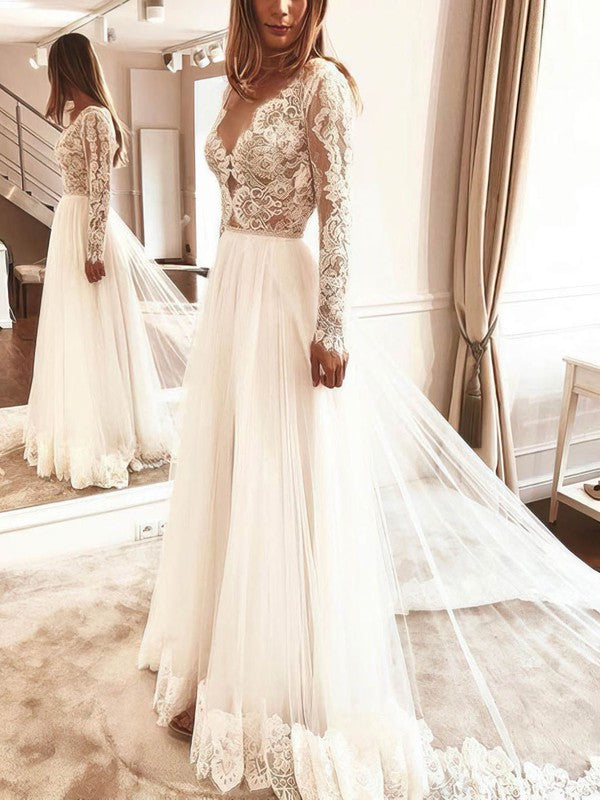 Fashionable V-Neck Long Sleeves A-Line Lace Tulle Court Train Wedding Dresses