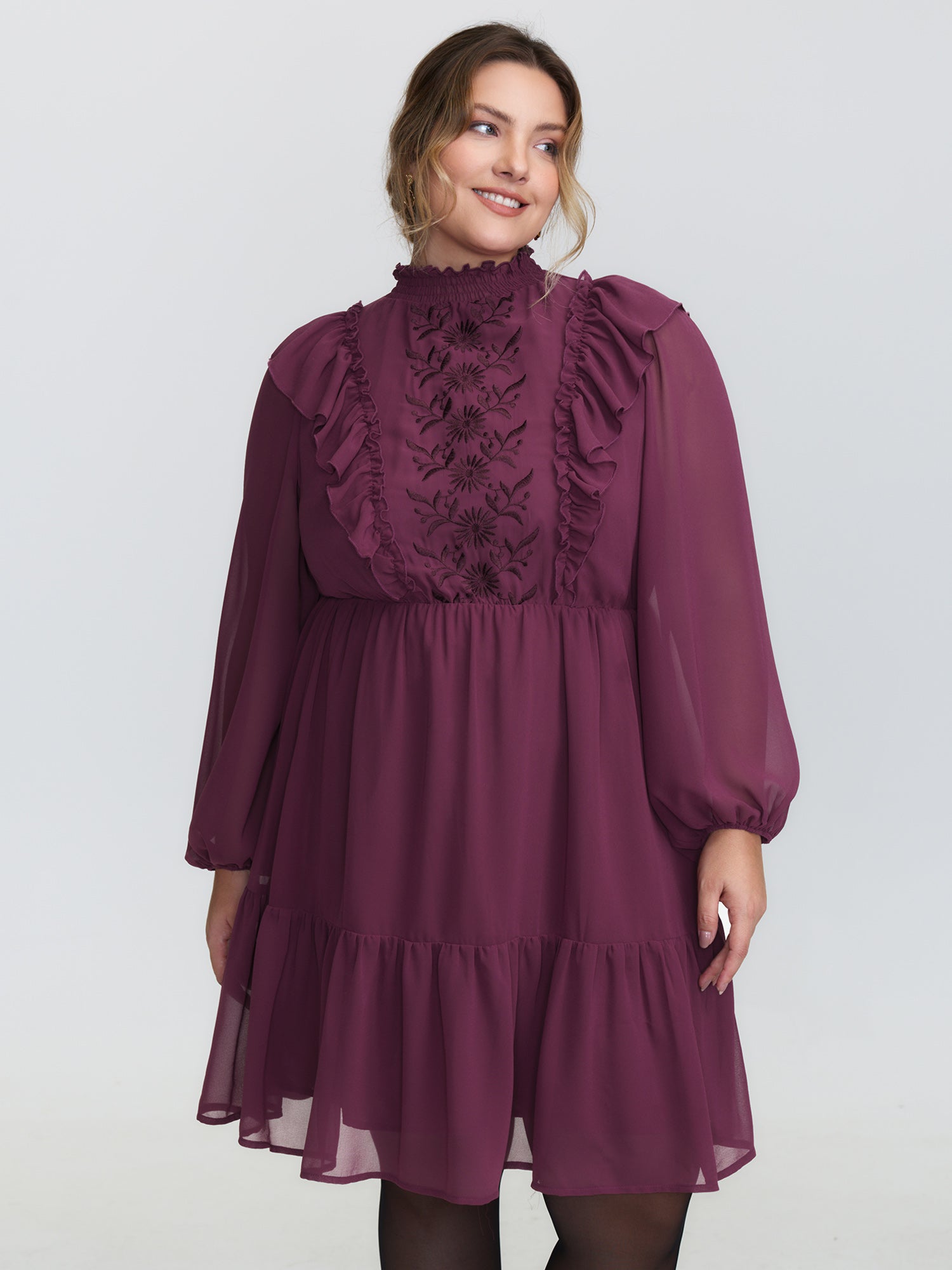 Flocked Ruffled Floral Embroidered Neckline Mini Dress