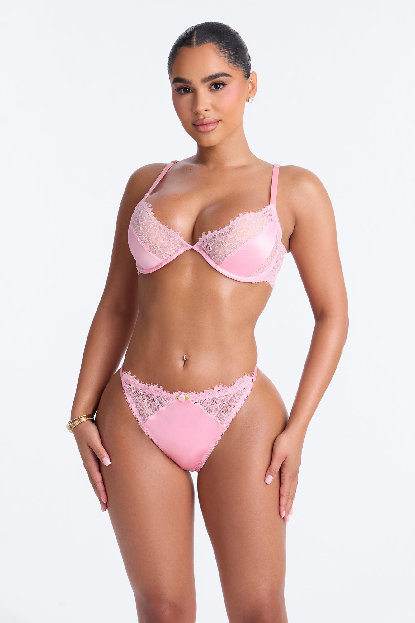 Evie Satin Lace 2 Piece Bra & Panty Set - Pink