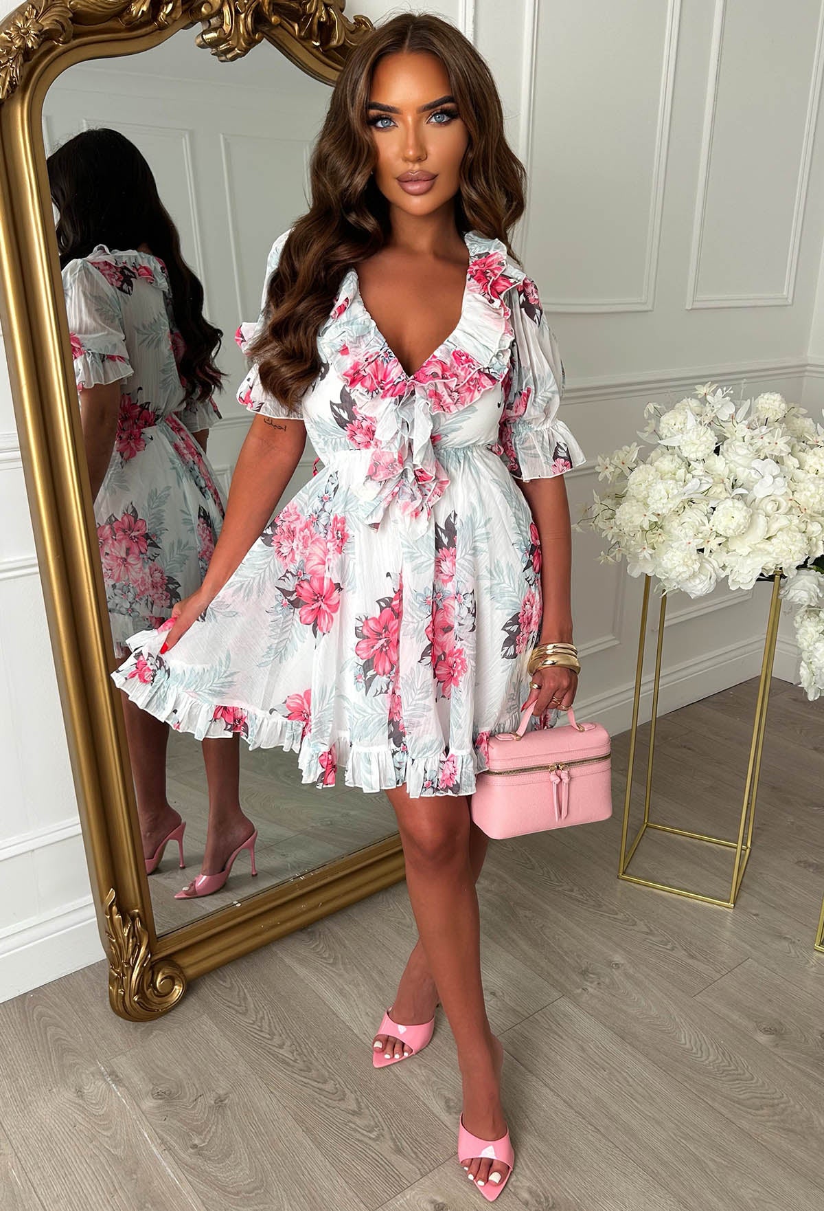 Sheer Delight Pink Frill Front Floral Print Dress