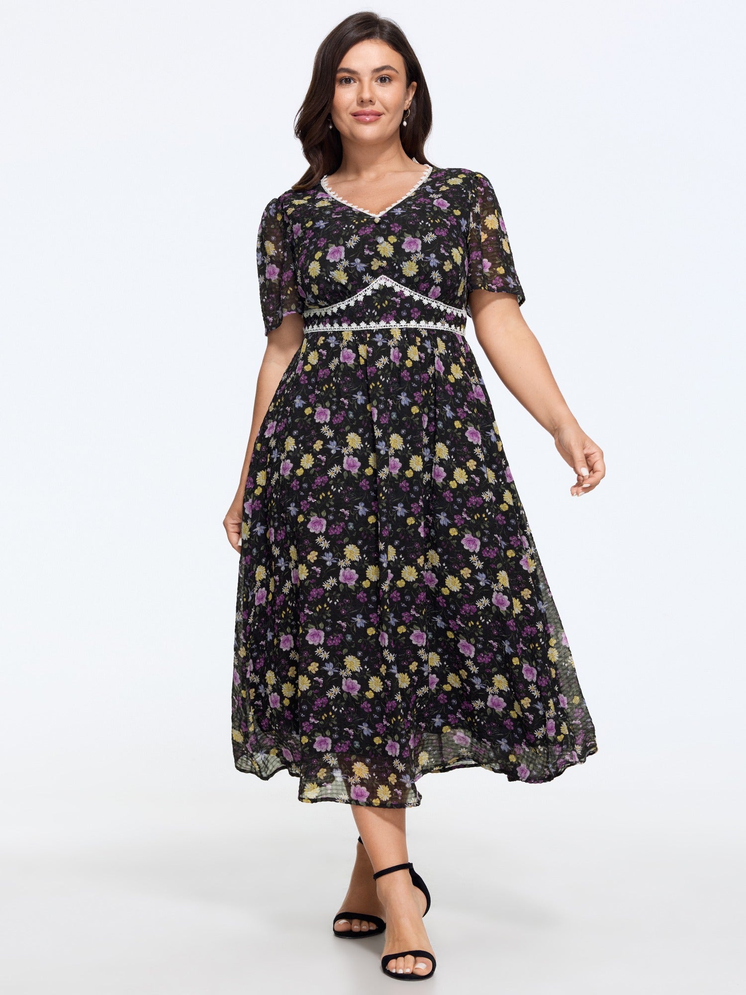 Floral Print Lace Trim Chiffon Midi Dress