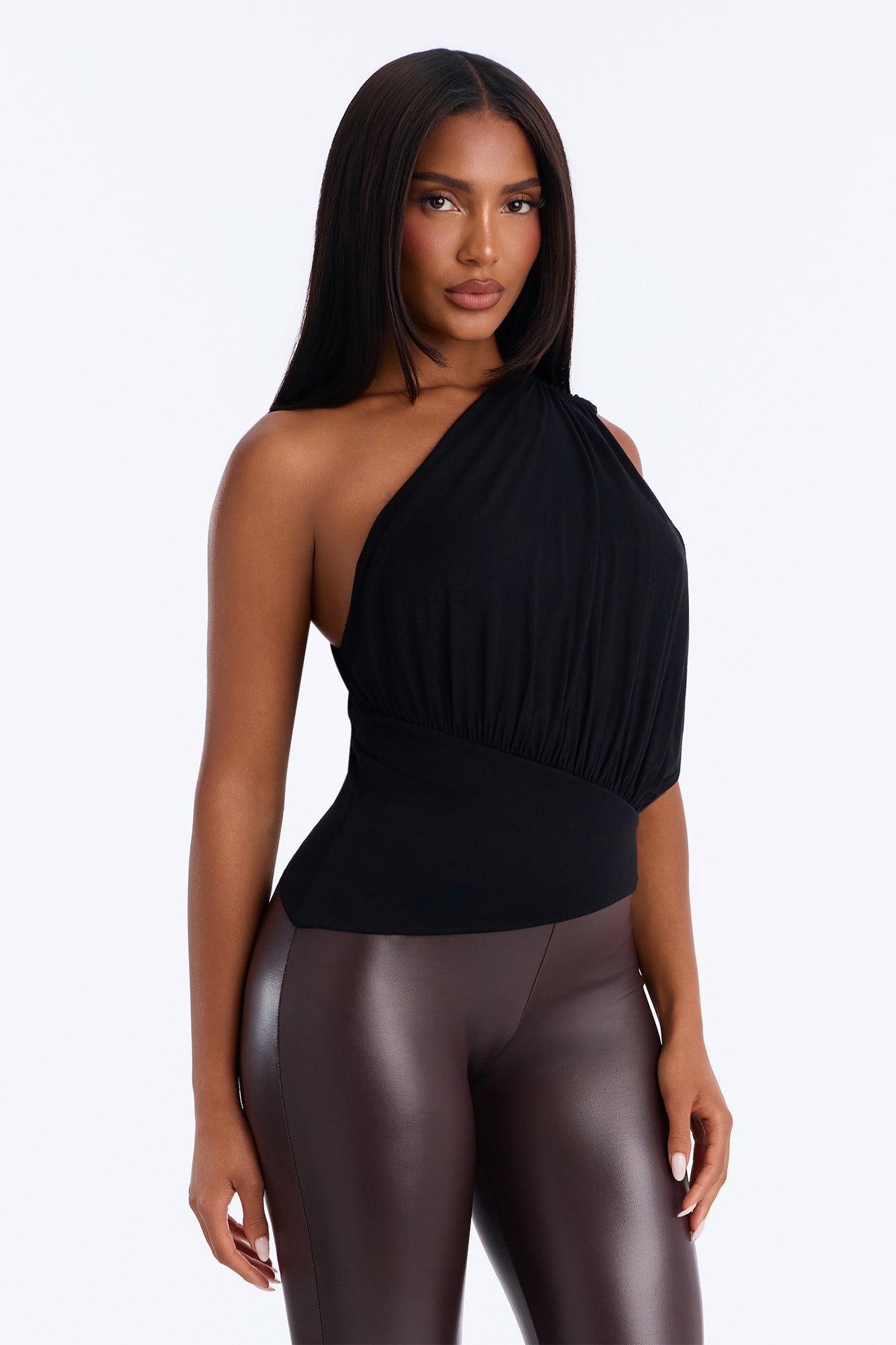 Maria Bubble Hem Ruched One Shoulder Top - Black