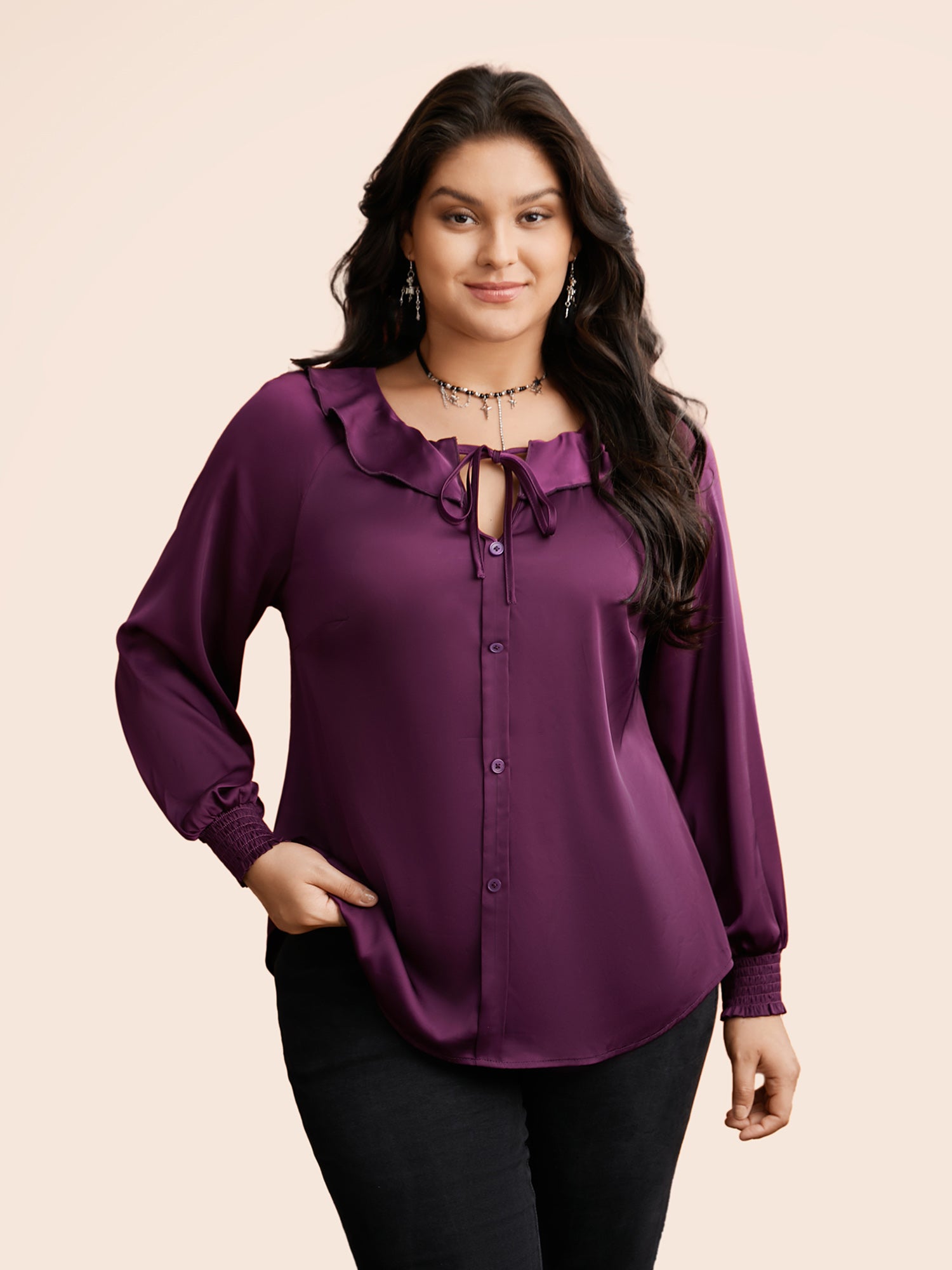 Regal Lotus Neckline Cuff Sleeves Blouse
