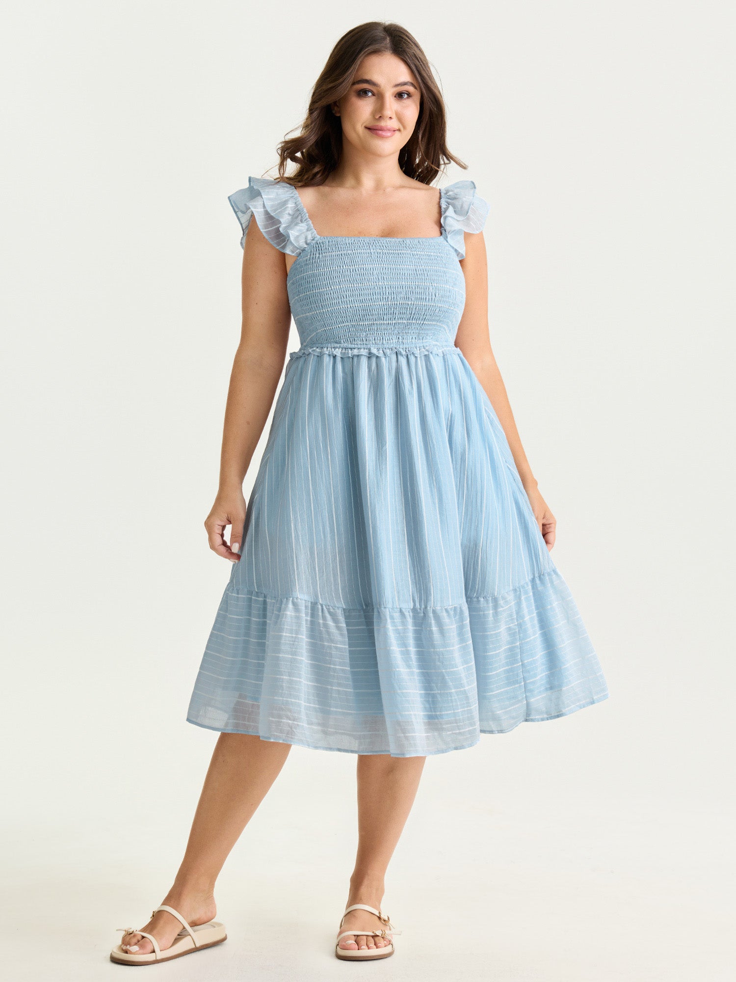 Striped Shirred Ruffled Layered Sleeve Mini Dress